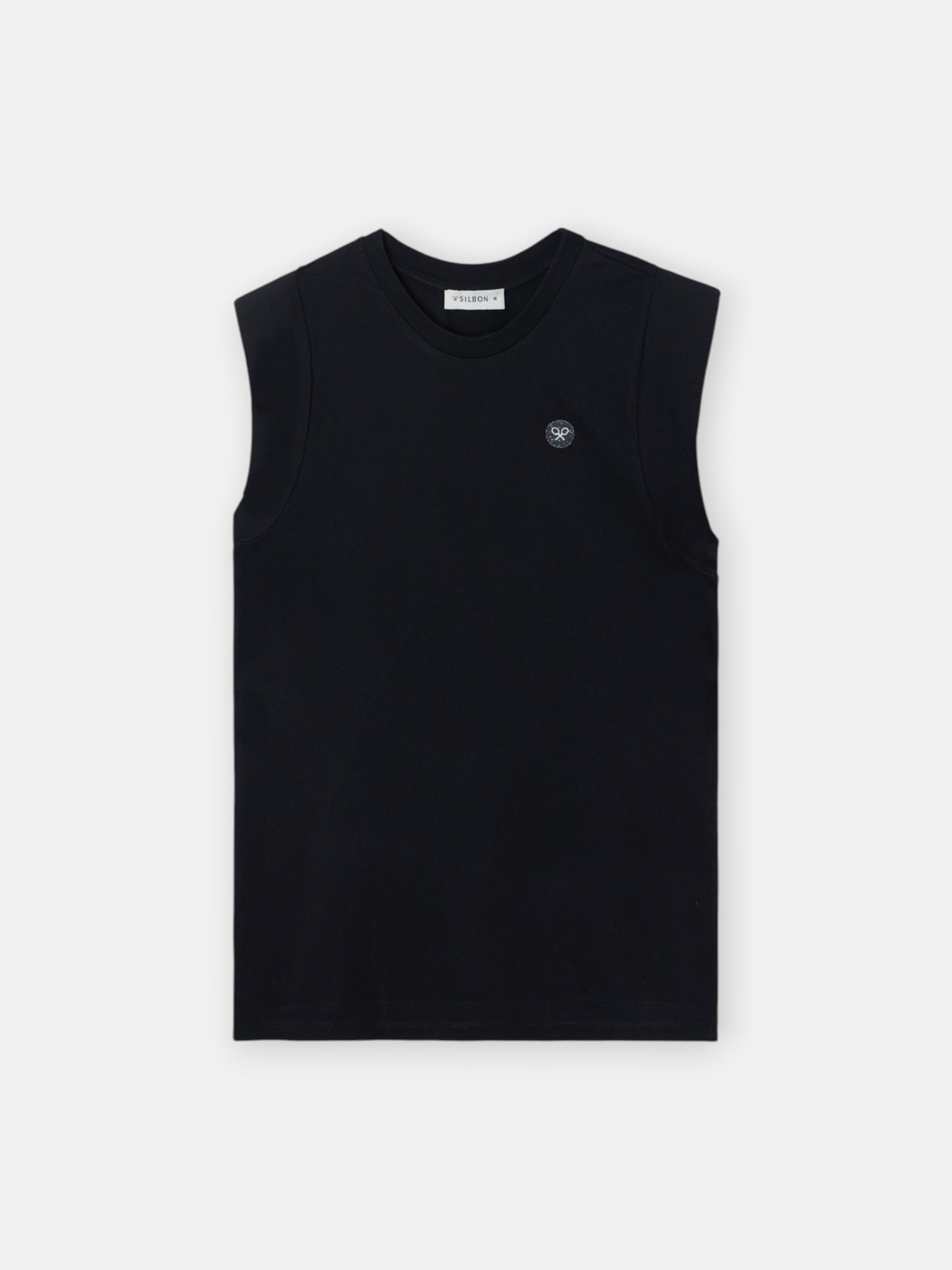 Camiseta mulher preta ombreiras aplicação cristal