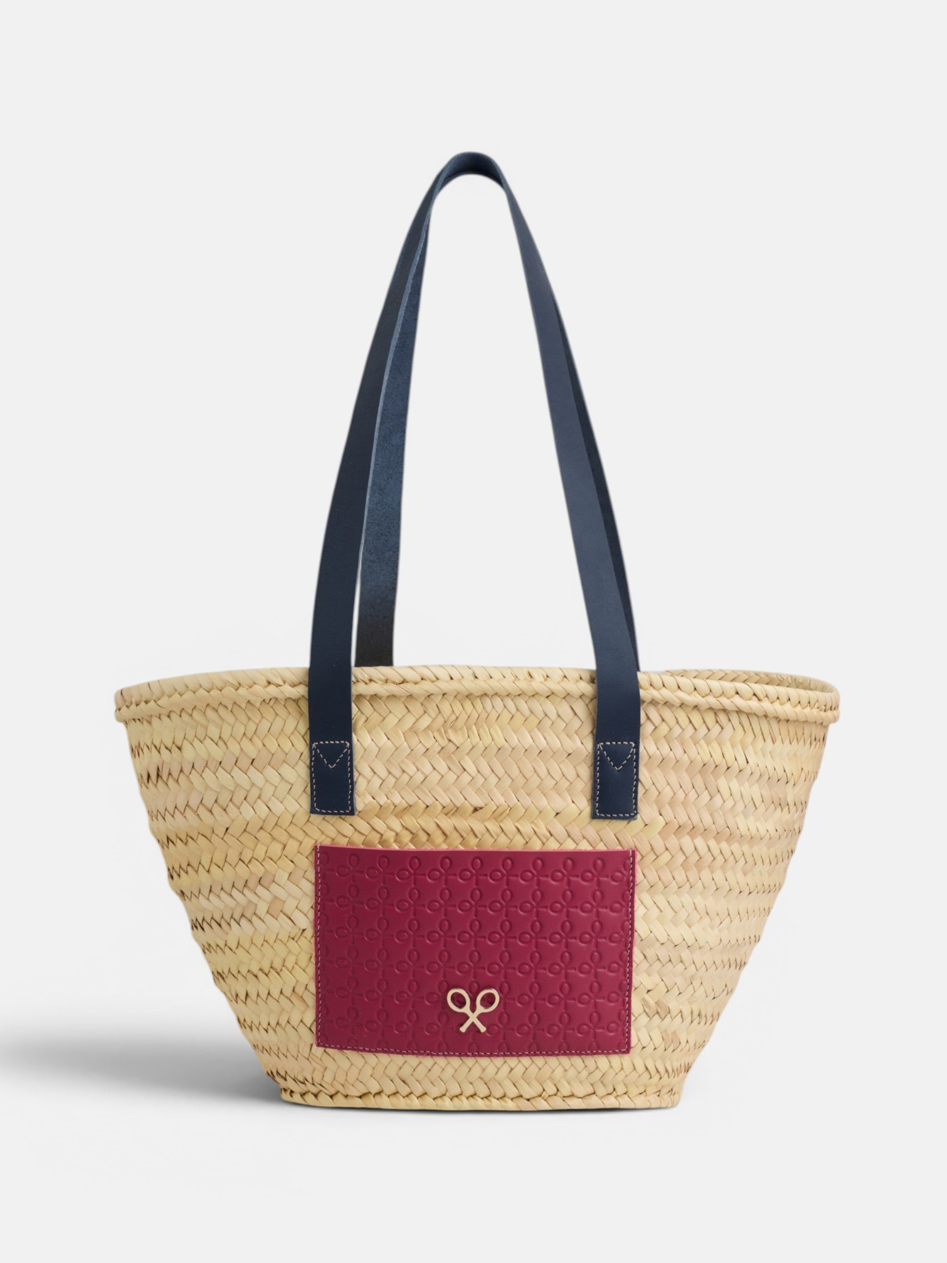 Panier avec poche en cuir rose et bleu marine