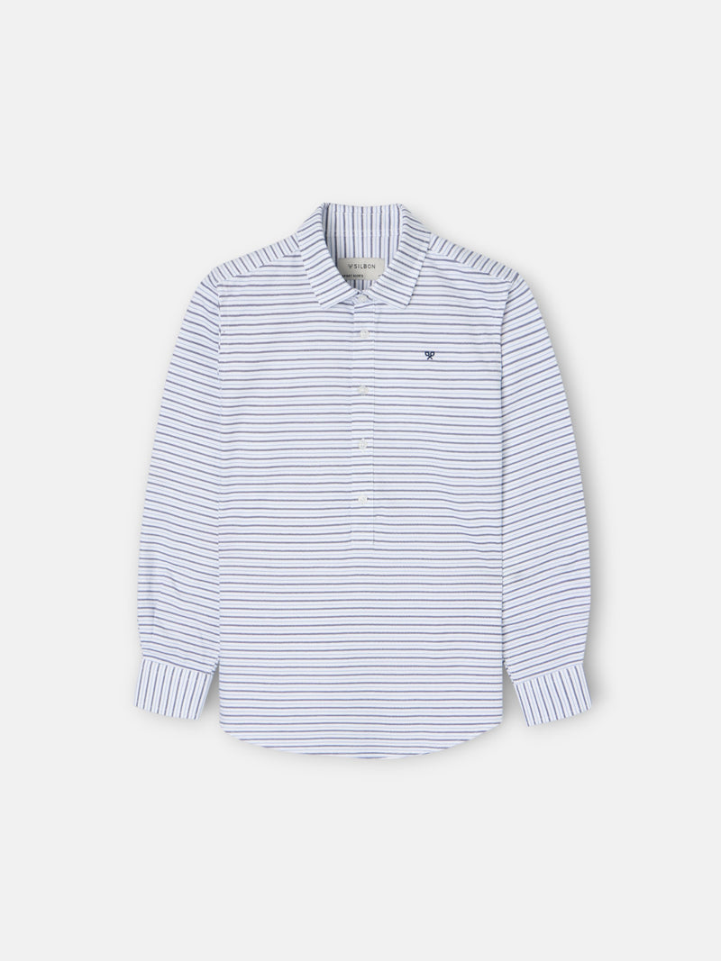 Camisa desportiva criança oxford risca creme azul-marinho