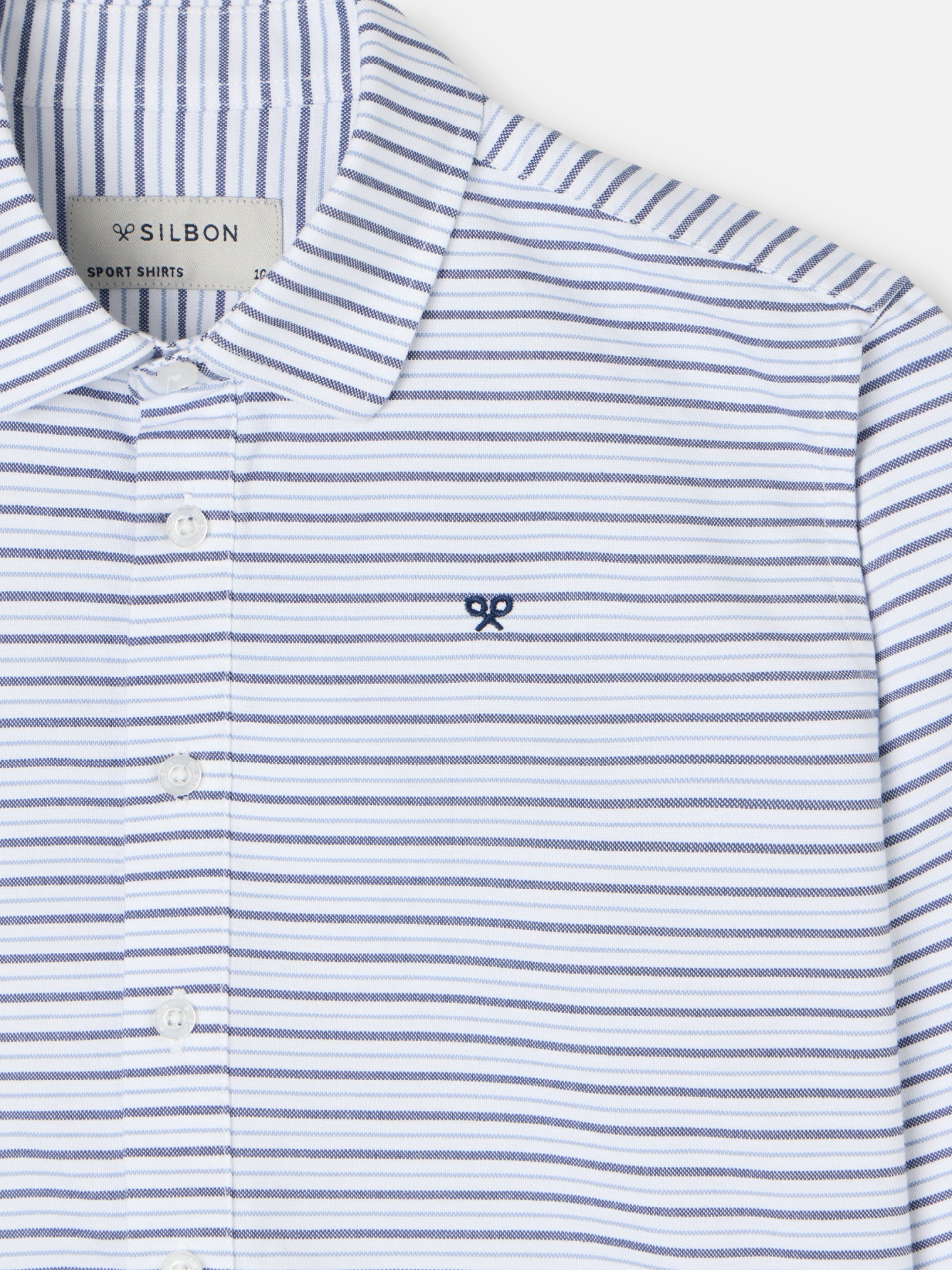 Chemise de sport enfant Oxford bleu marine à rayures crème