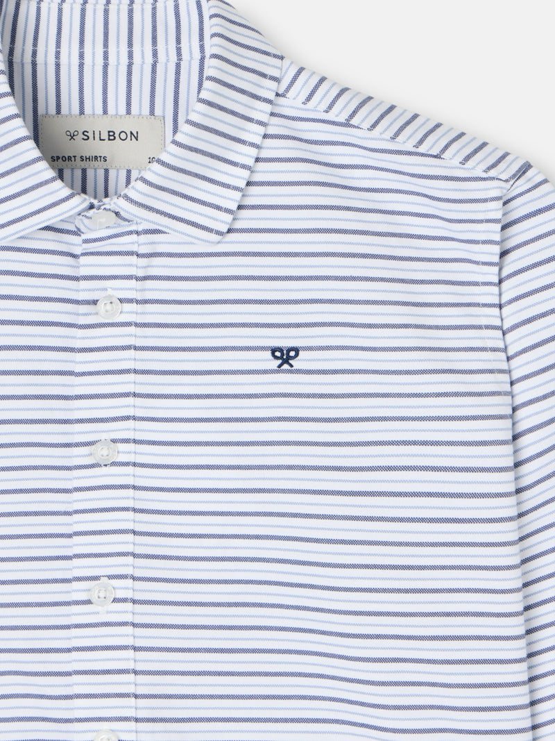 Camisa desportiva criança oxford risca creme azul-marinho