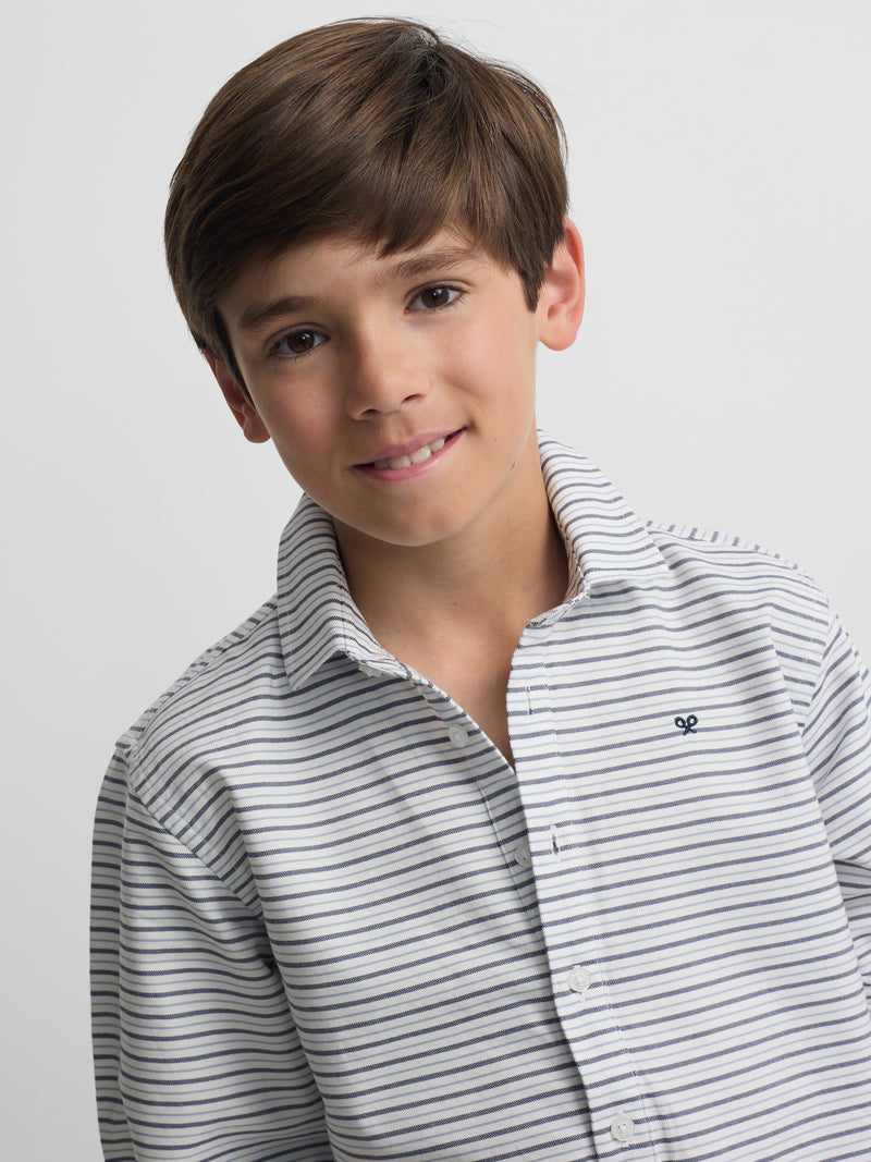 Camisa desportiva criança oxford risca creme azul-marinho