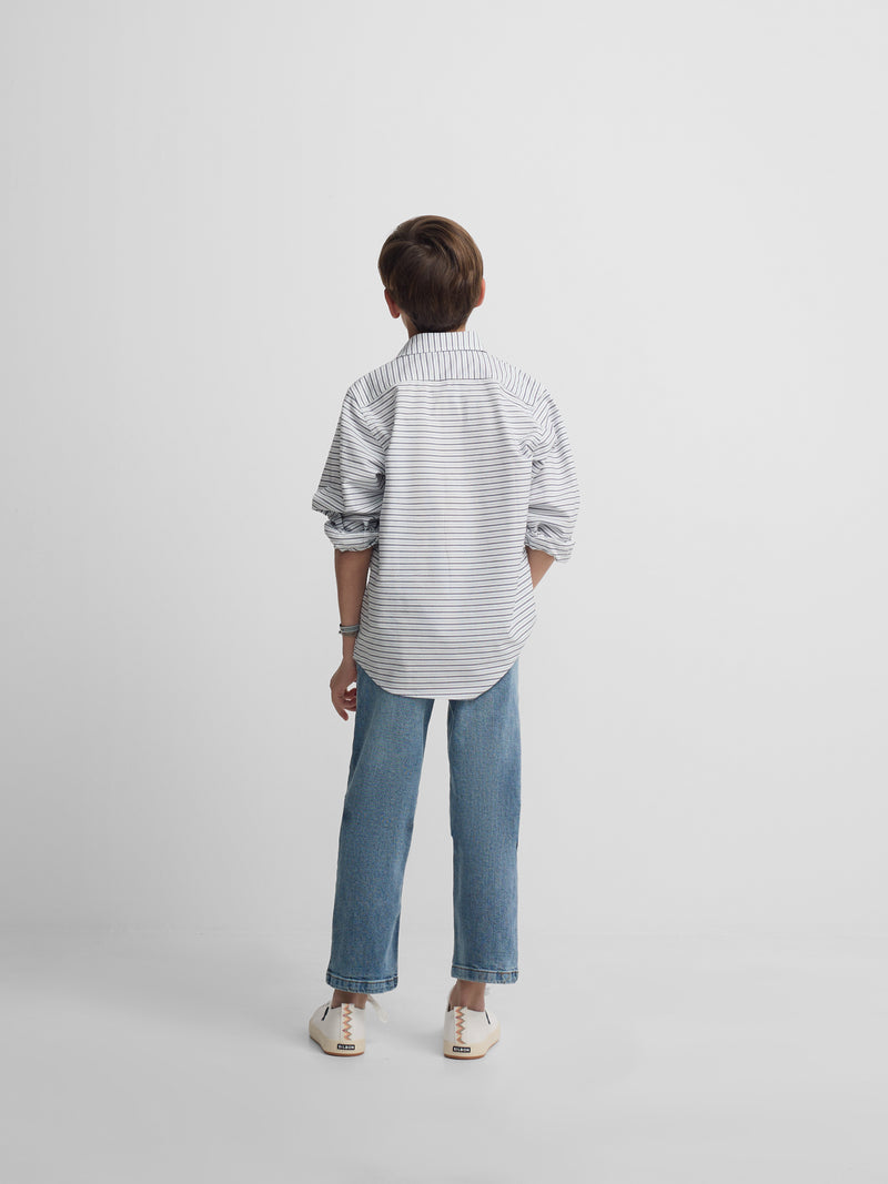 Camisa desportiva criança oxford risca creme azul-marinho