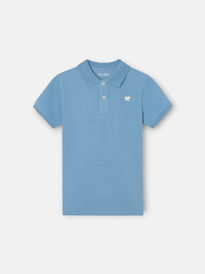 Polo criança liso com logótipo em felpo azul médio