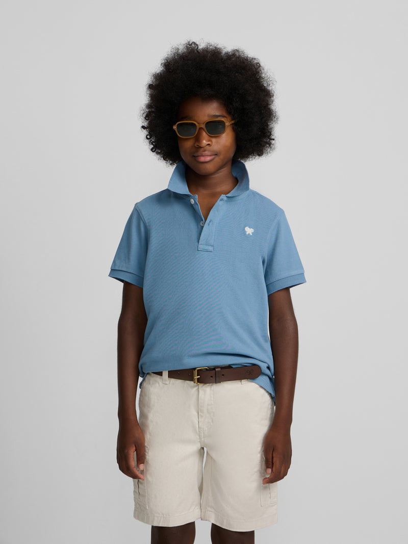 Polo criança liso com logótipo em felpo azul médio