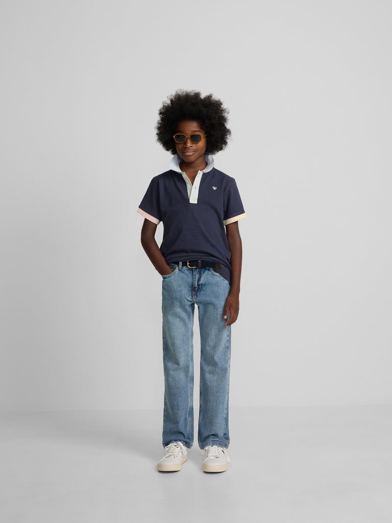Polo criança com debrum multicolor azul-marinho