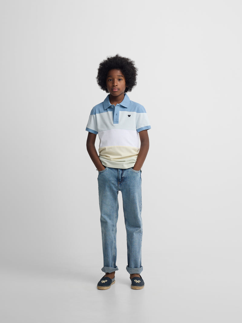 Polo enfant à larges rayures multicolores bleu