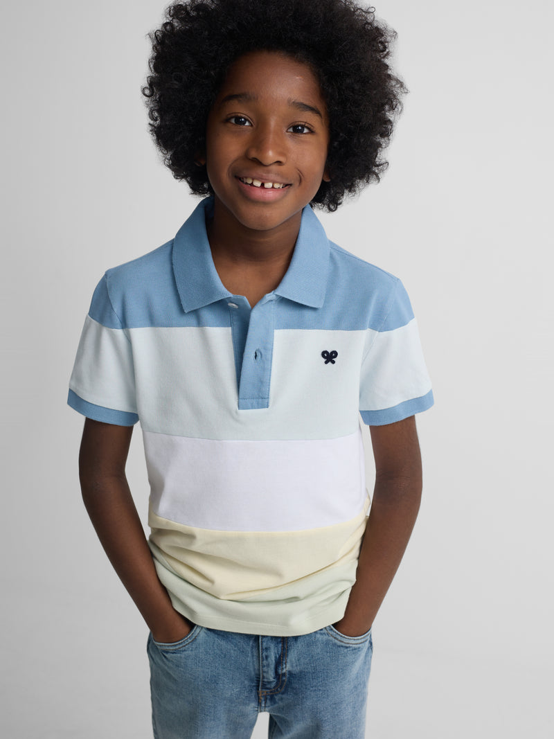 Polo enfant à larges rayures multicolores bleu