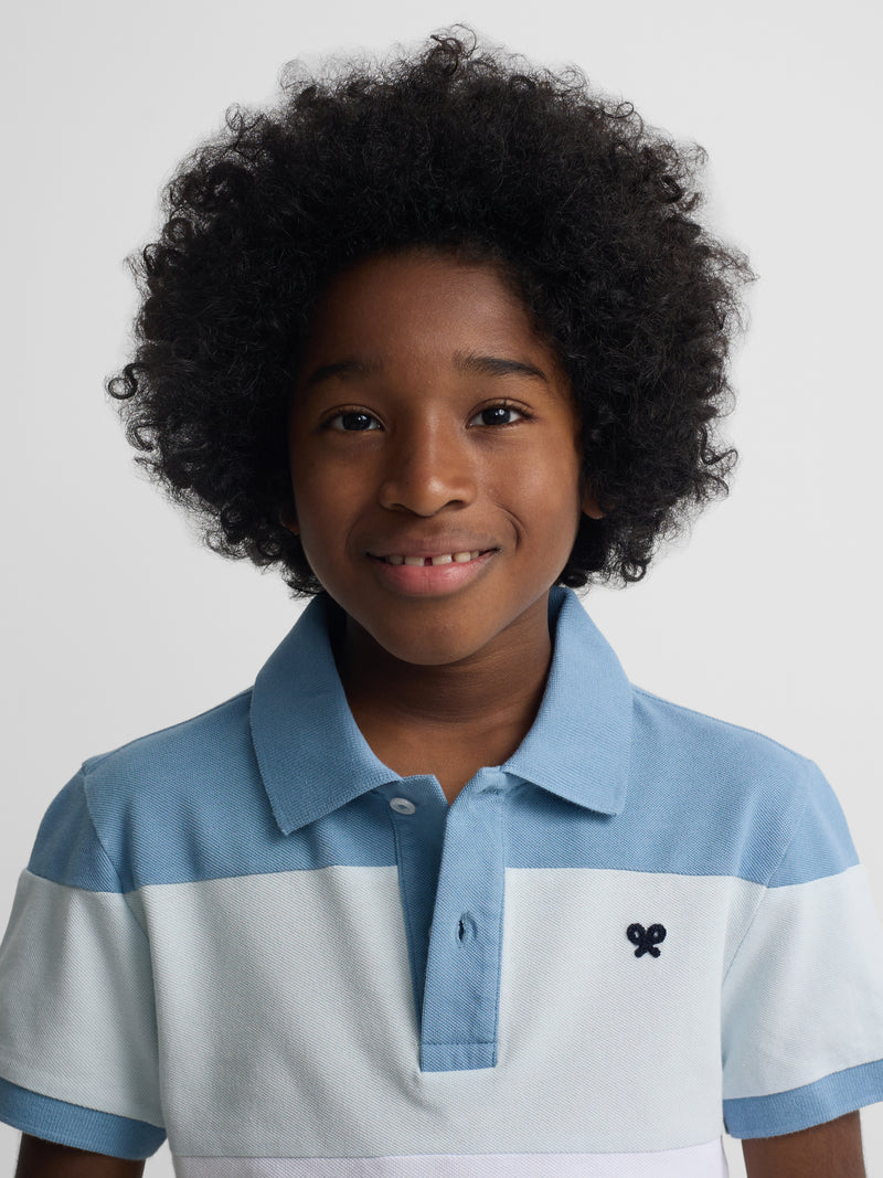 Polo enfant à larges rayures multicolores bleu
