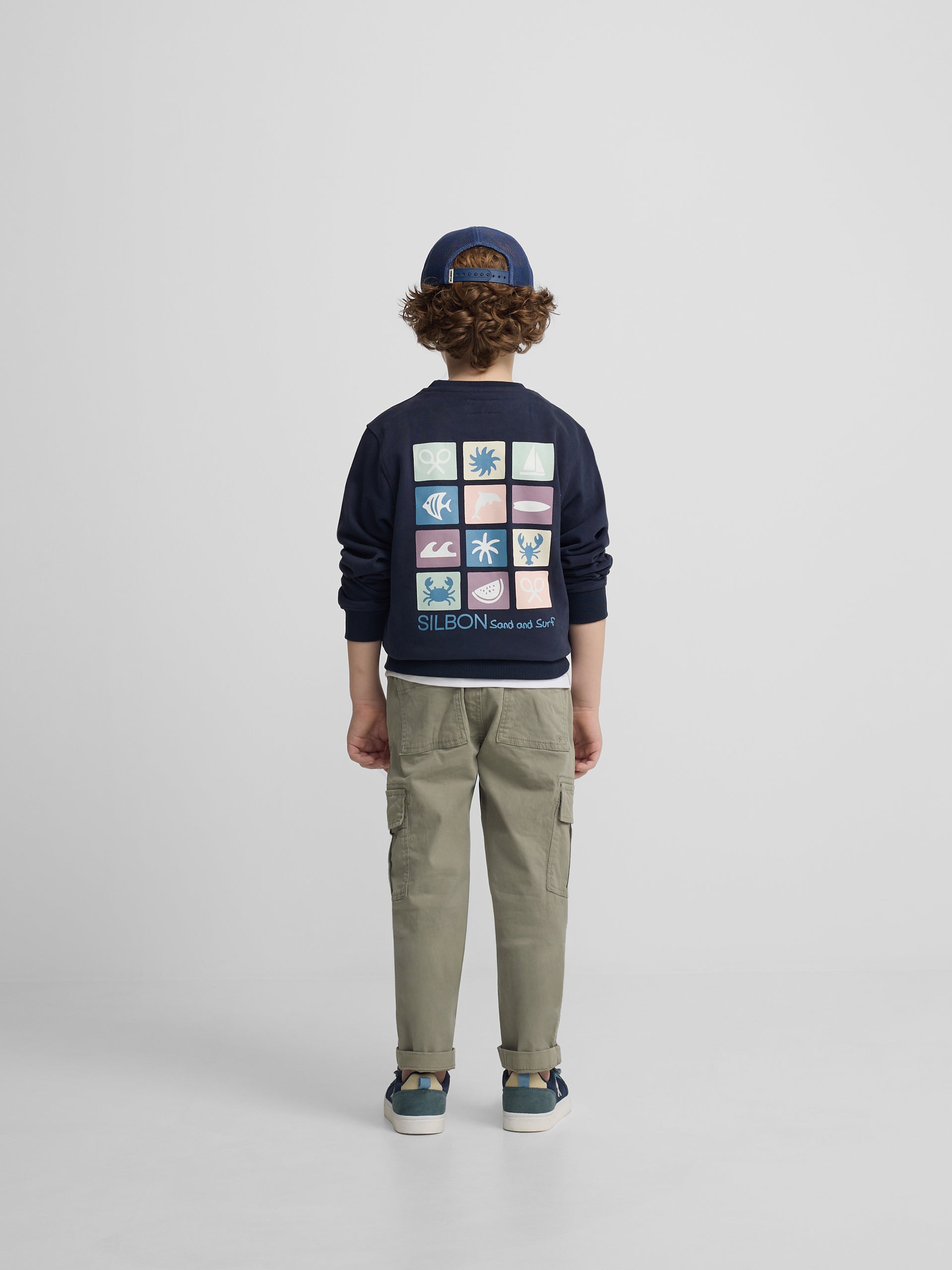 Sweat-shirt bleu marine pour enfants, motif sable et surf