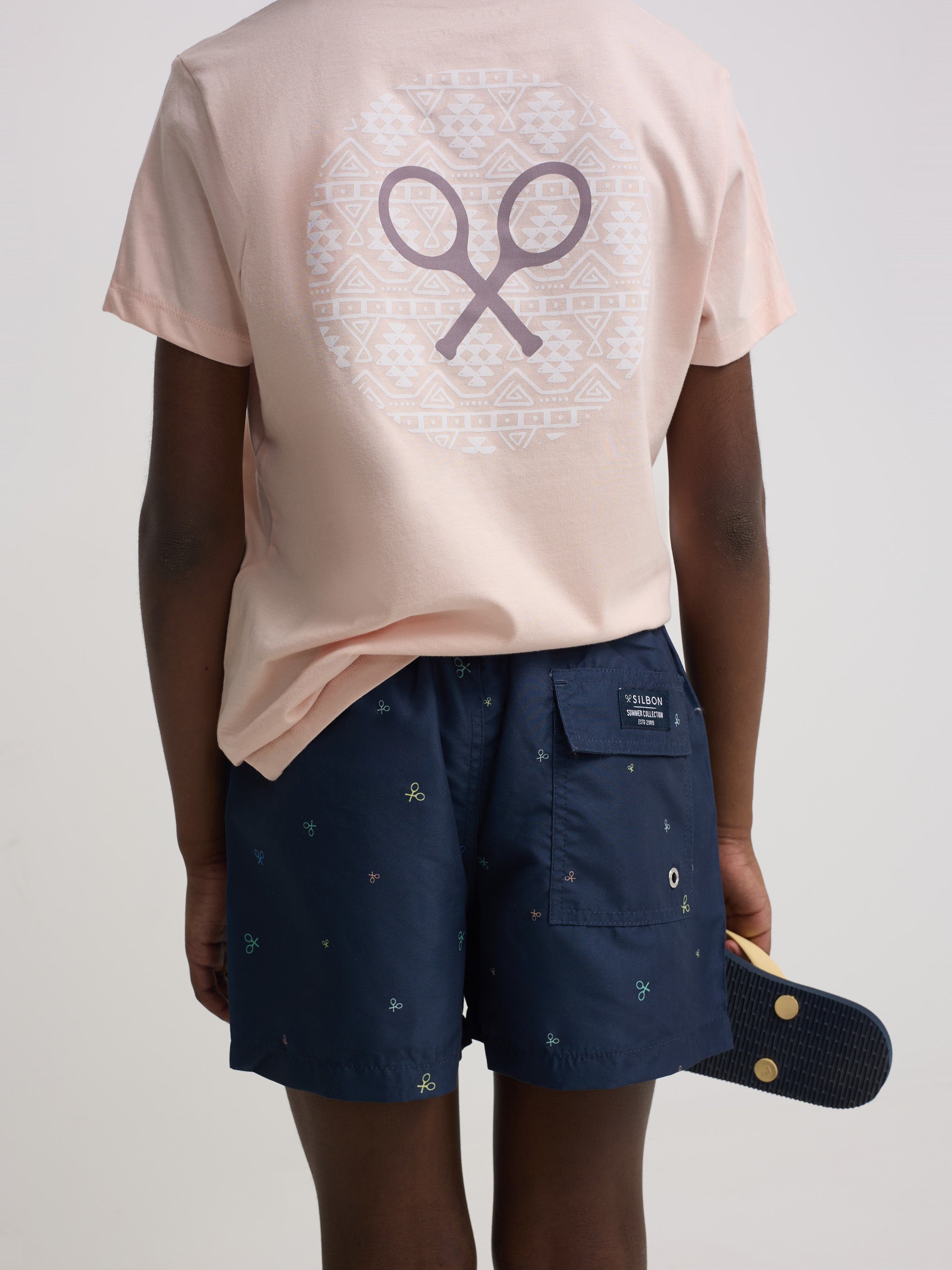 Kids swimsuit with multirackets in navy blue colors