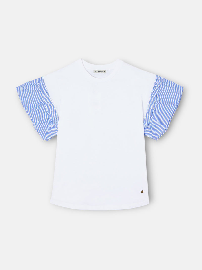 Camiseta girl volantes popelin rayas blanca