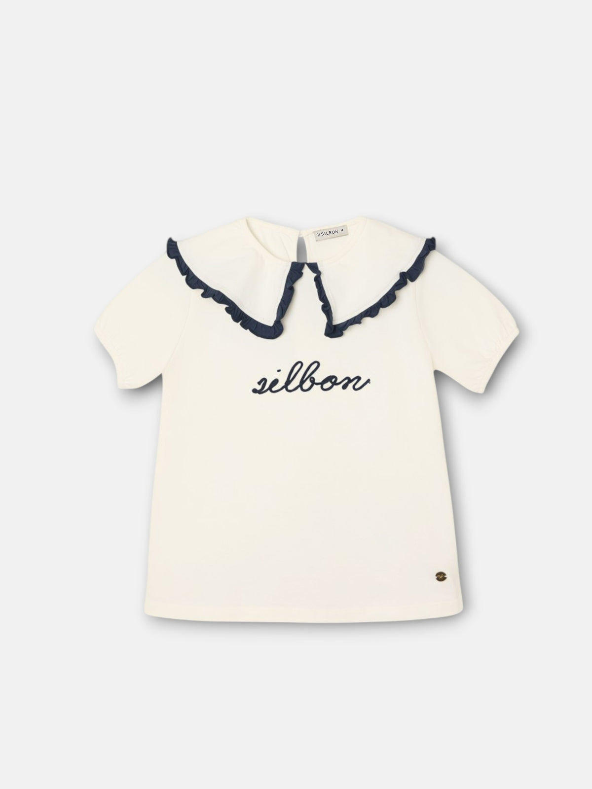 Girl's white short-sleeve T-shirt with Peter Pan collar