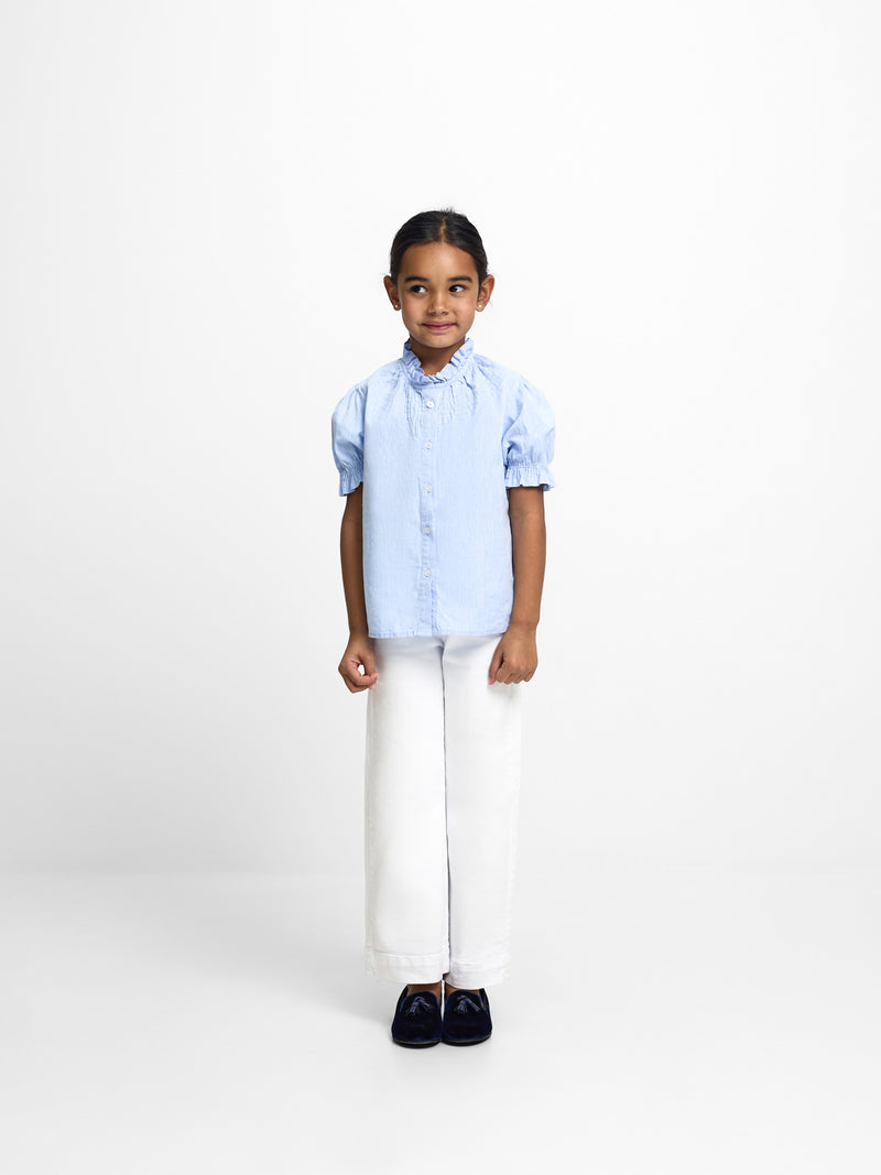 Camisa menina franzidos linho azul-claro