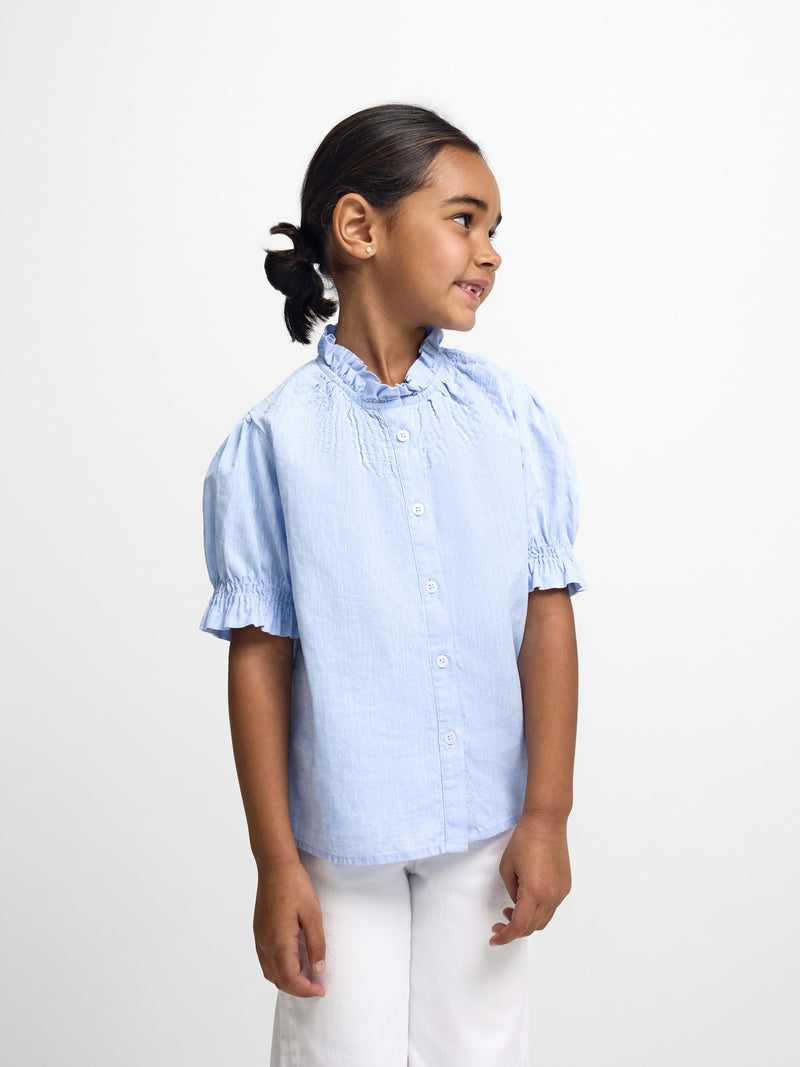 Camisa menina franzidos linho azul-claro