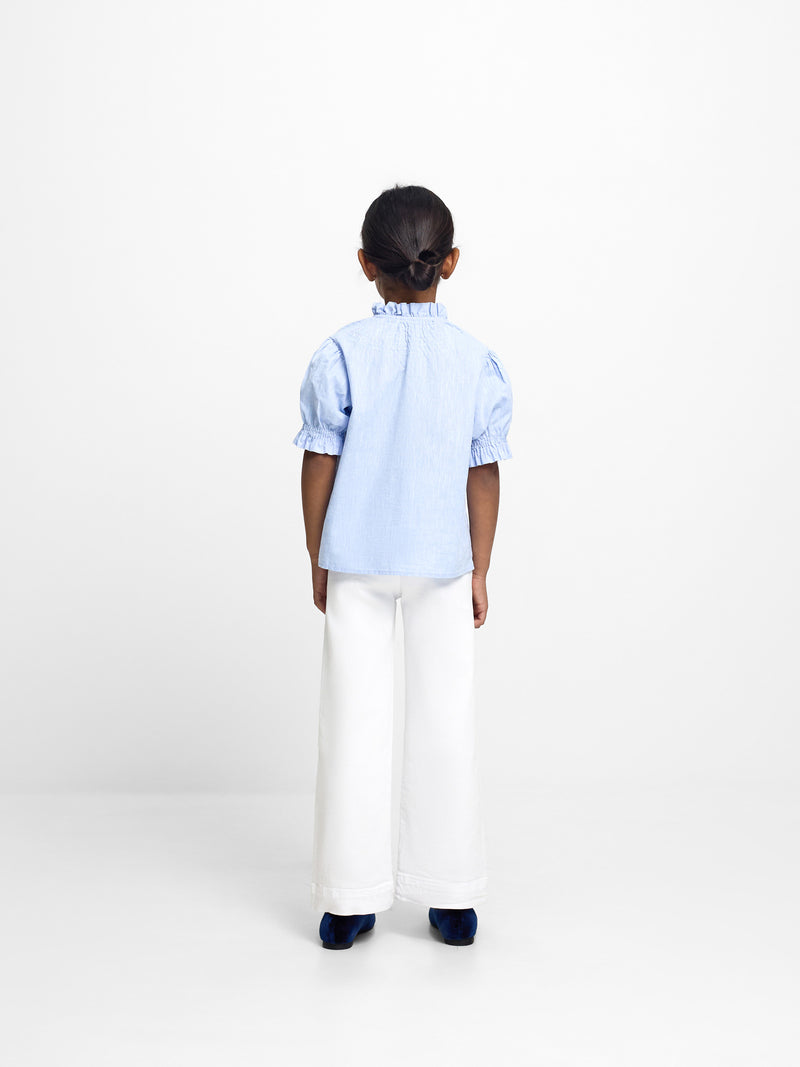 Camisa menina franzidos linho azul-claro