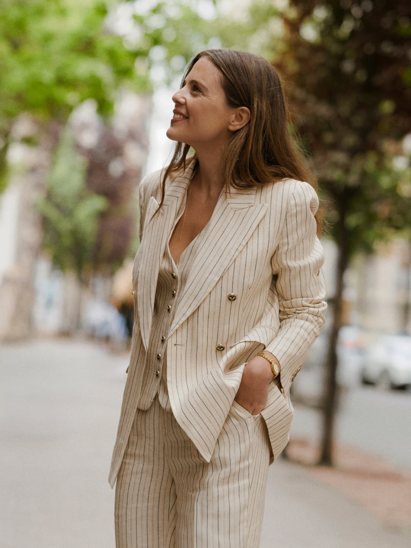 Raw double-breasted blazer with blue stripes