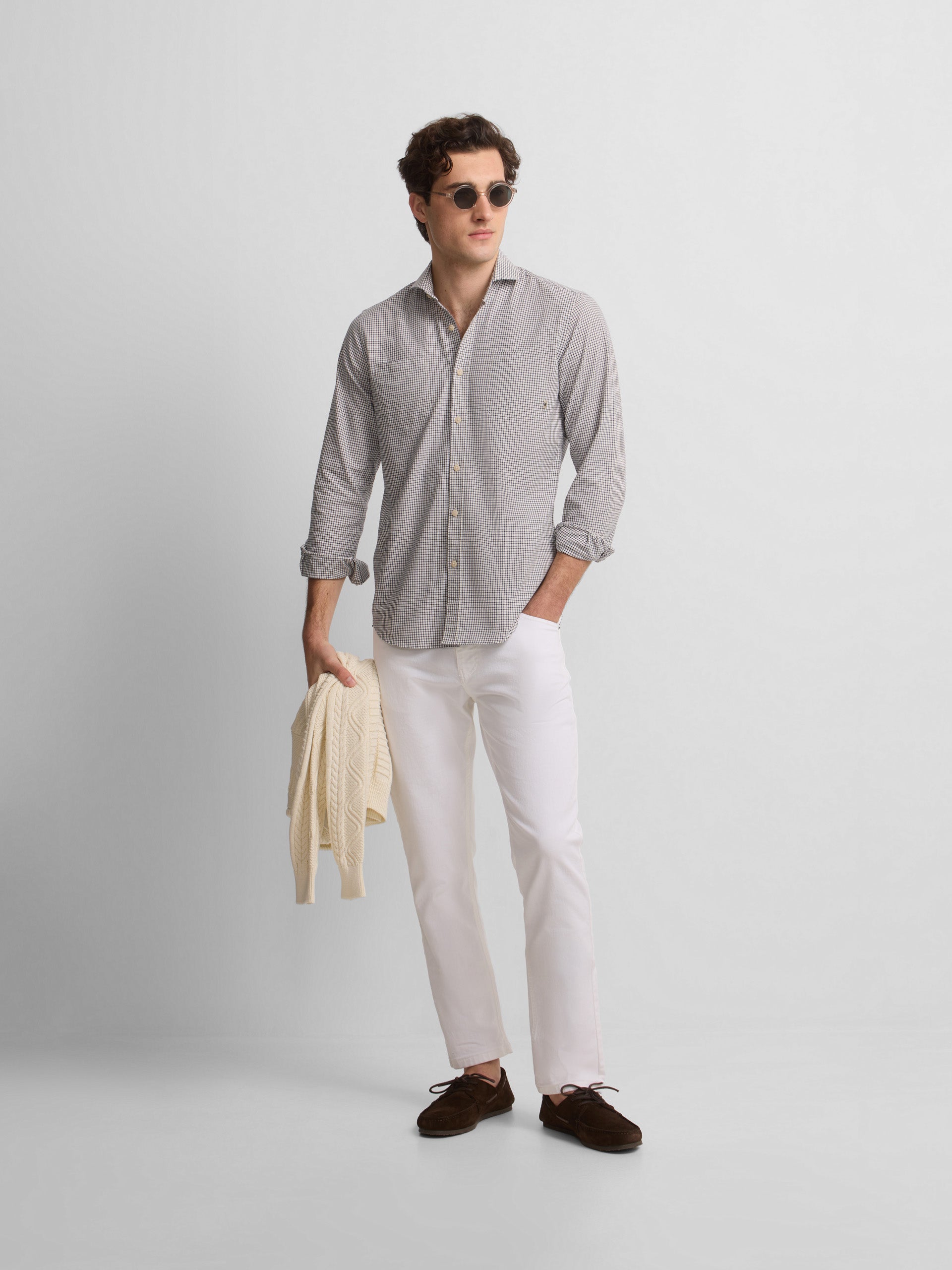 Navy blue plaid cruise shirt with pockets