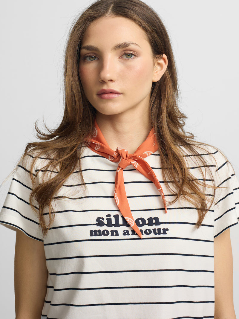 T-shirt mulher com aplique silbon bandana azul