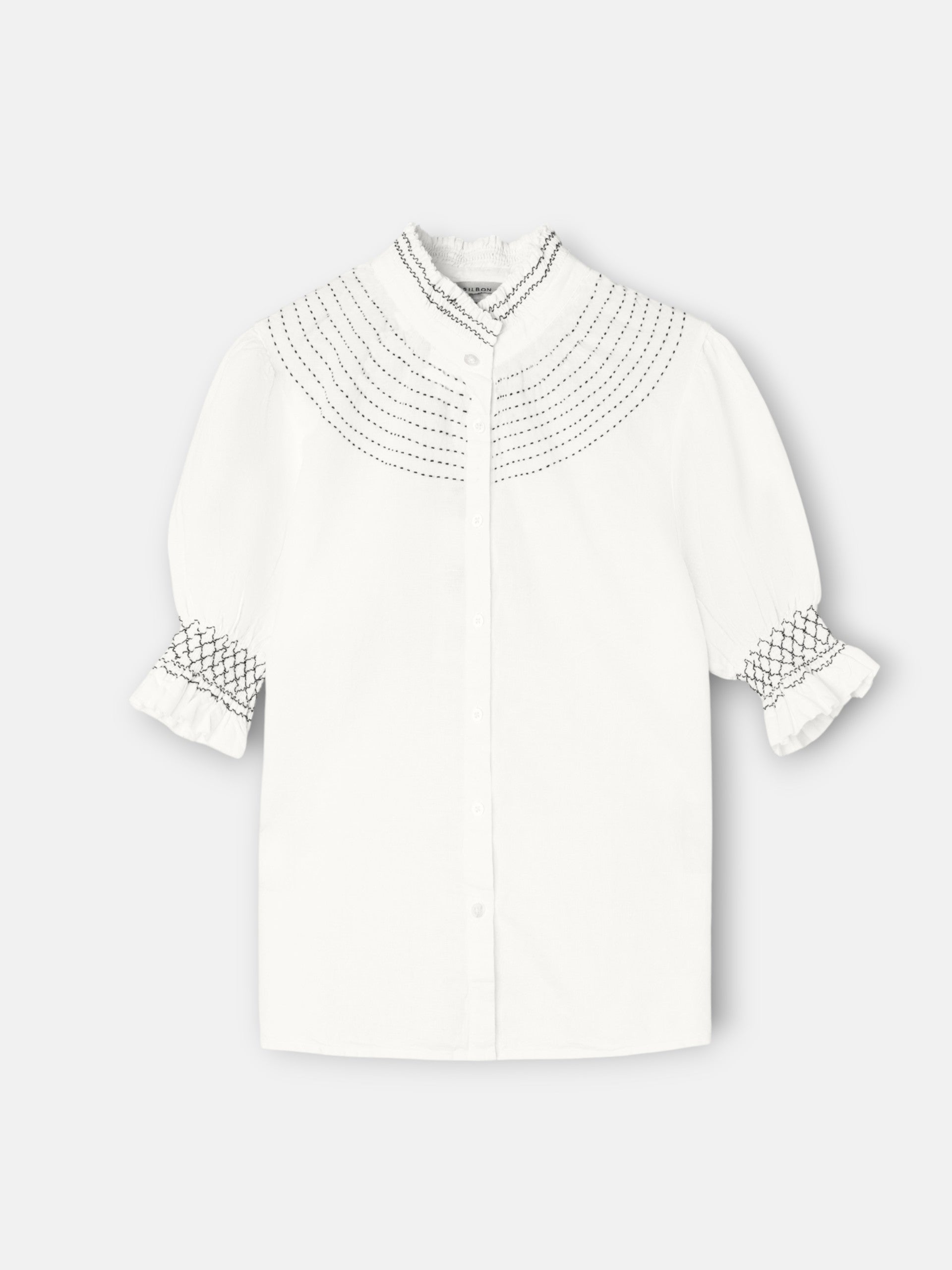 white linen short-sleeved ruched shirt