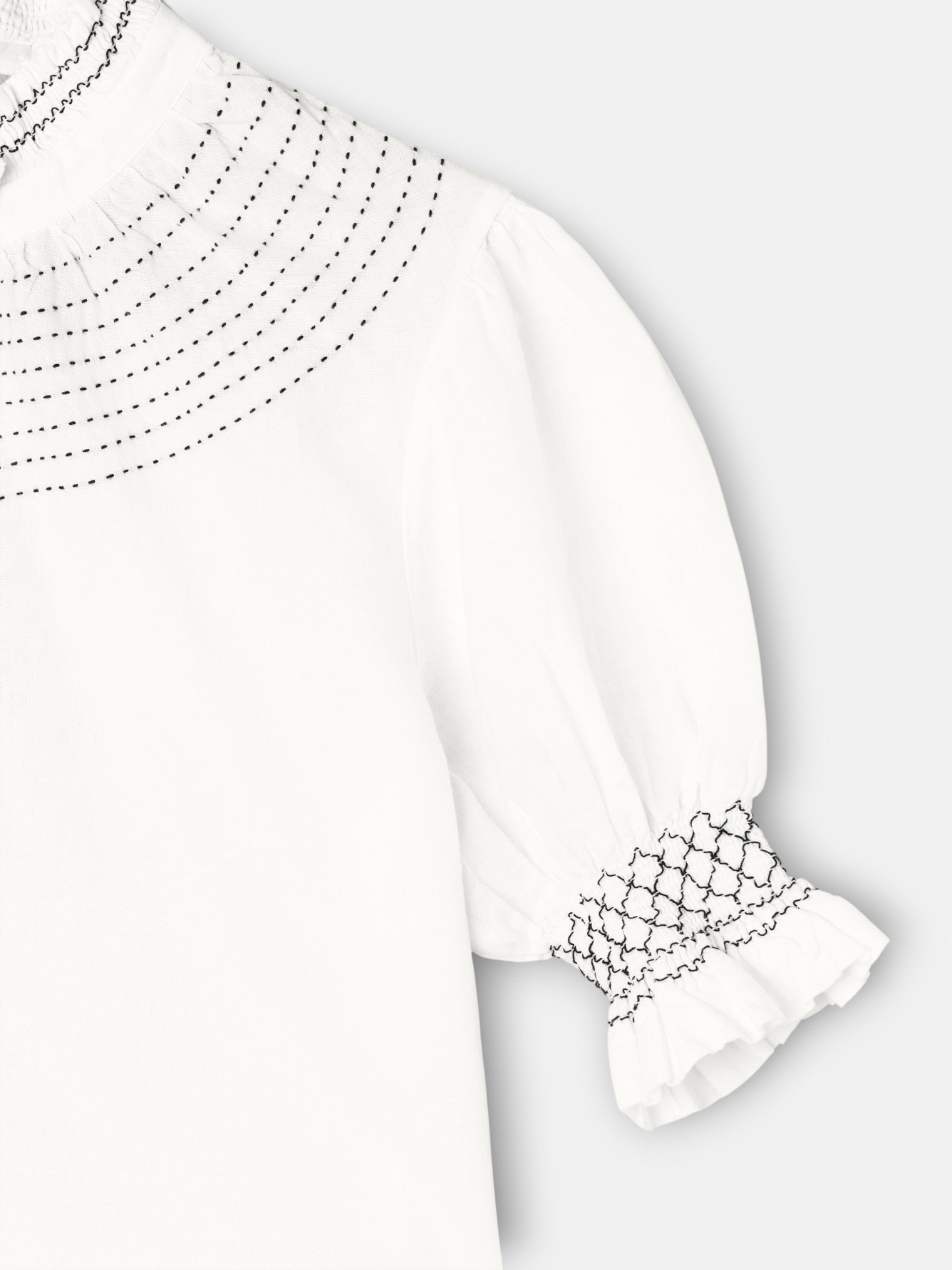 white linen short-sleeved ruched shirt