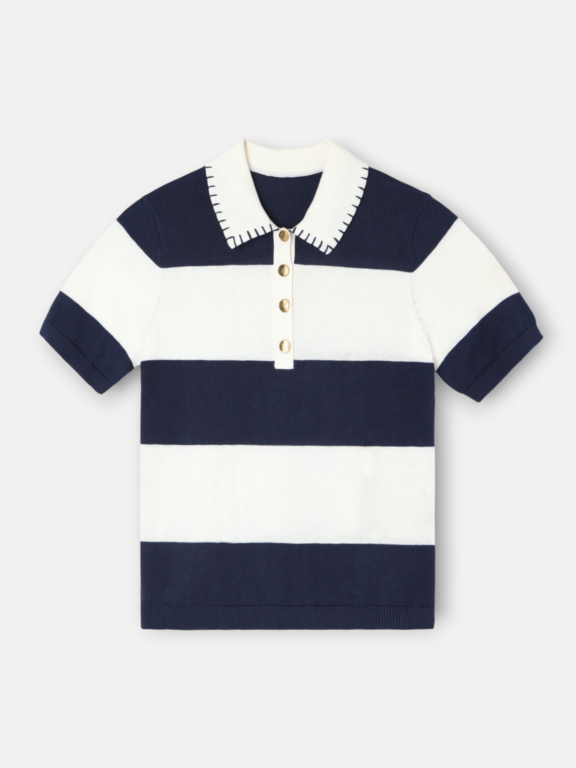 Polo de malha de manga curta azul e branco