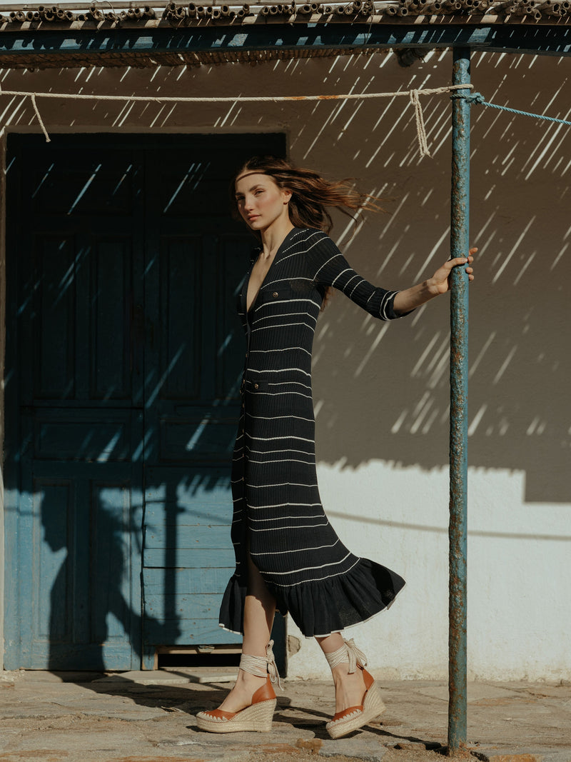 Vestido de malha comprido azul-marinho