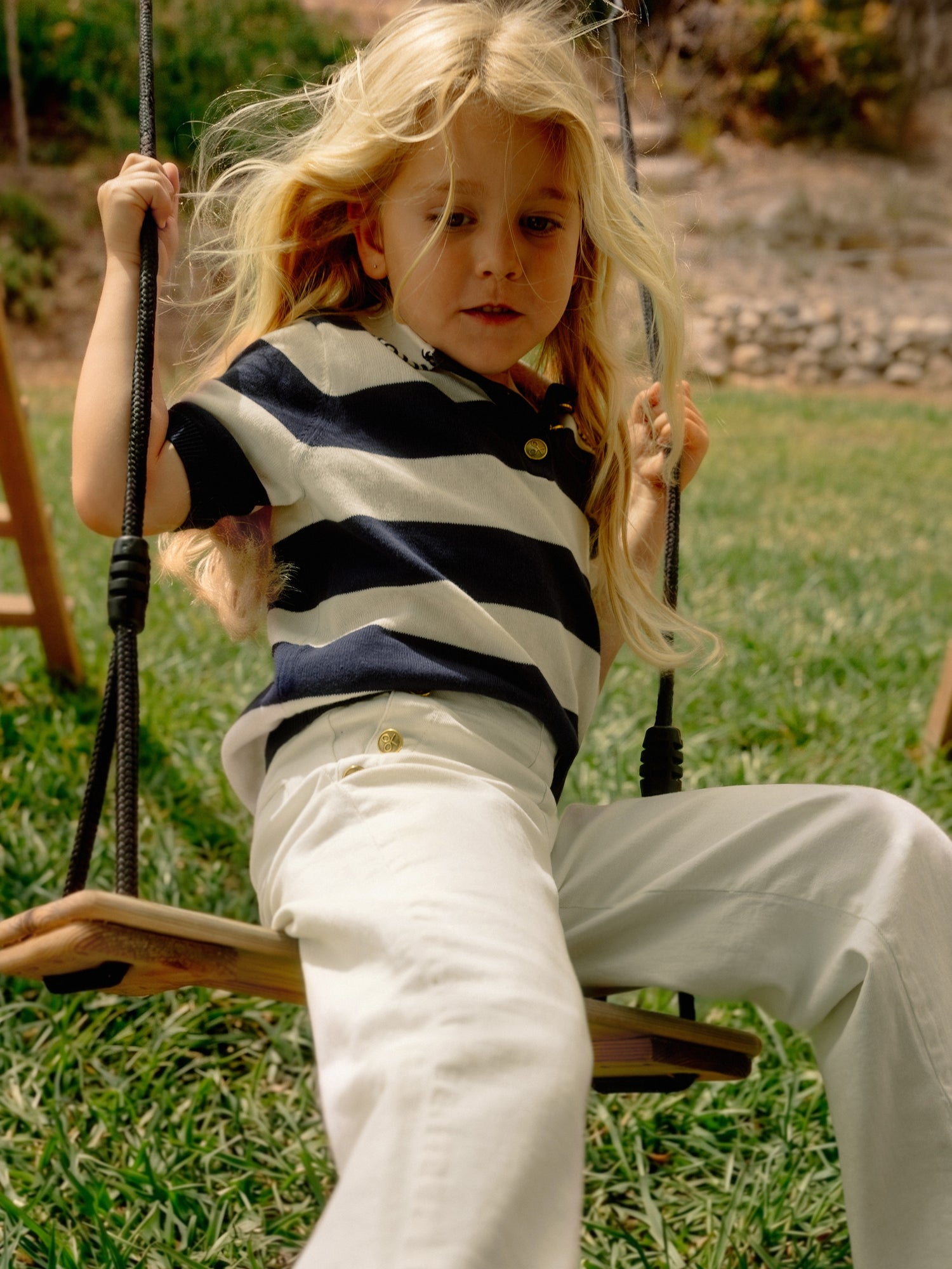 Short-sleeved knit polo girl blue and white