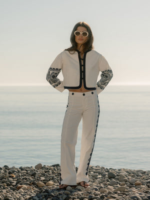 Pantalon droit détails brodés blanc