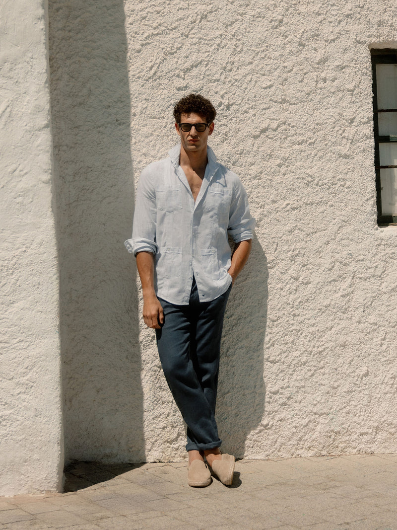 Indigo blue linen sport chino trousers