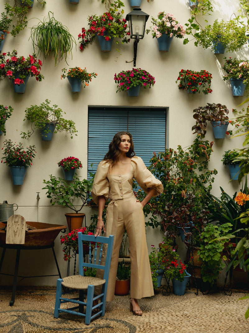 Beige taffeta event collection trousers