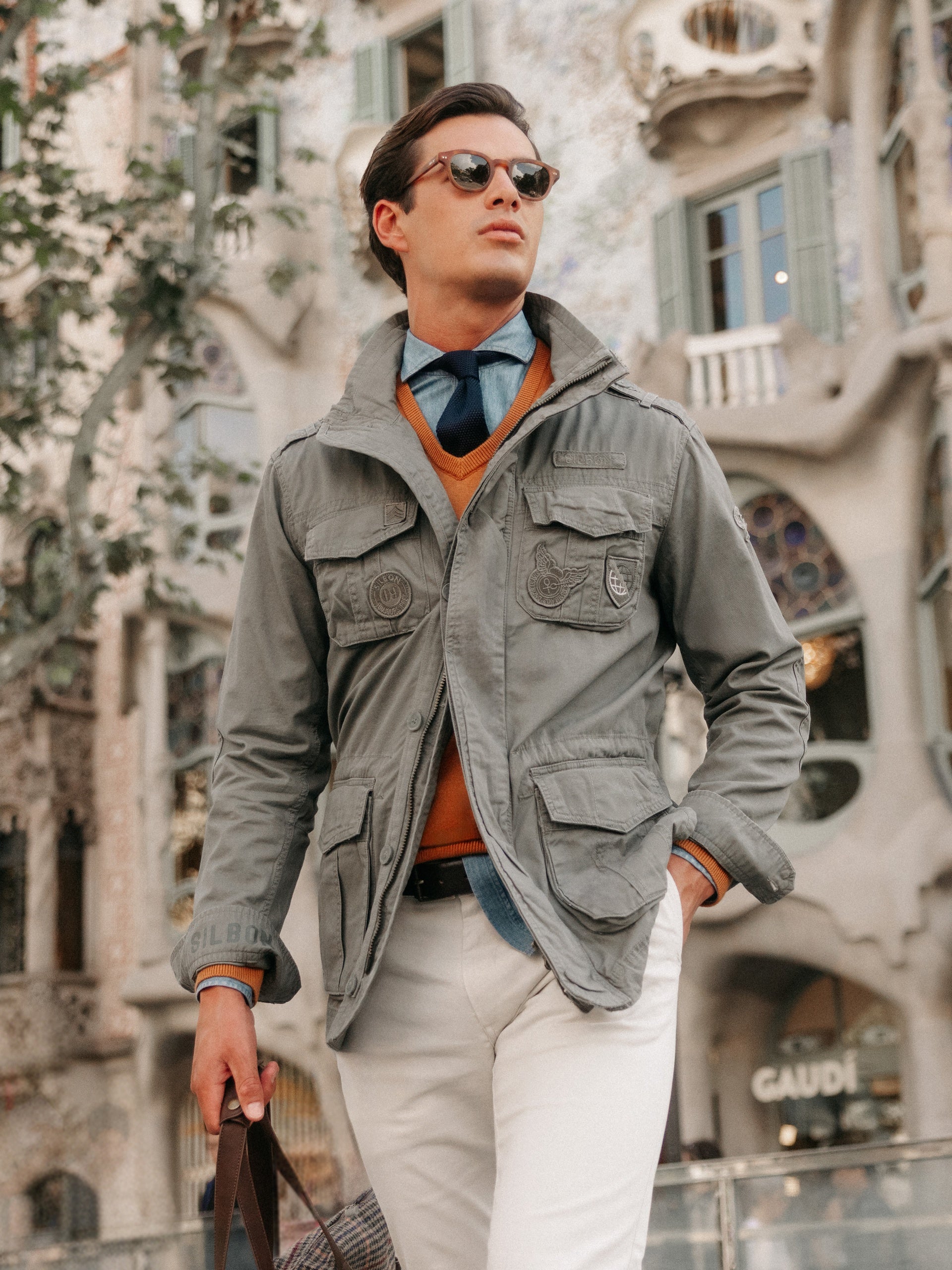 Military jacket with green dye patches