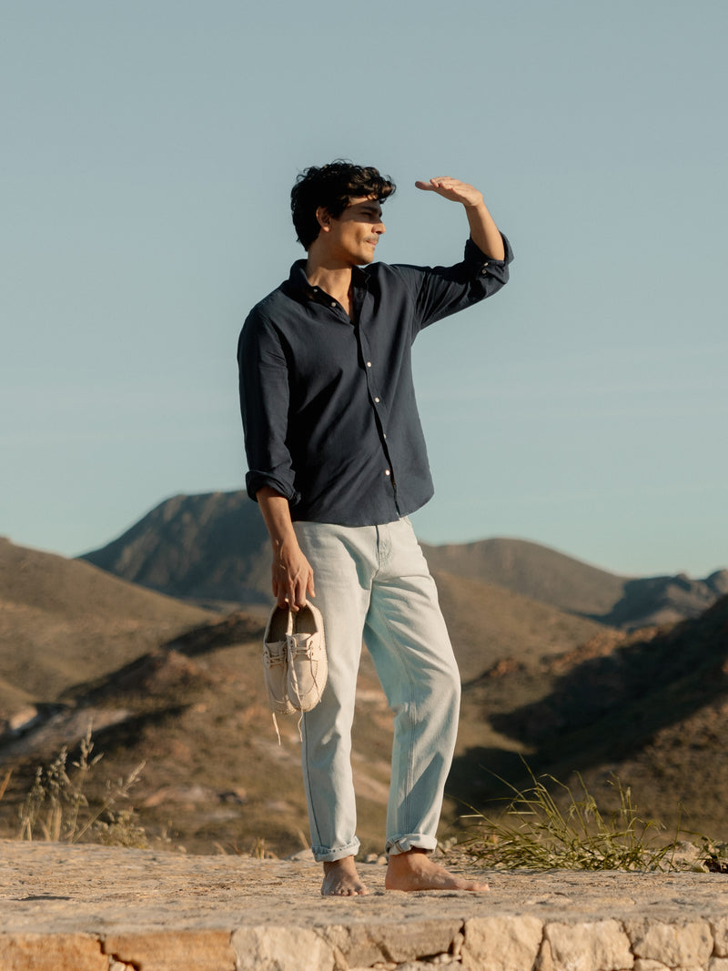 Light blue tapered denim sport trousers