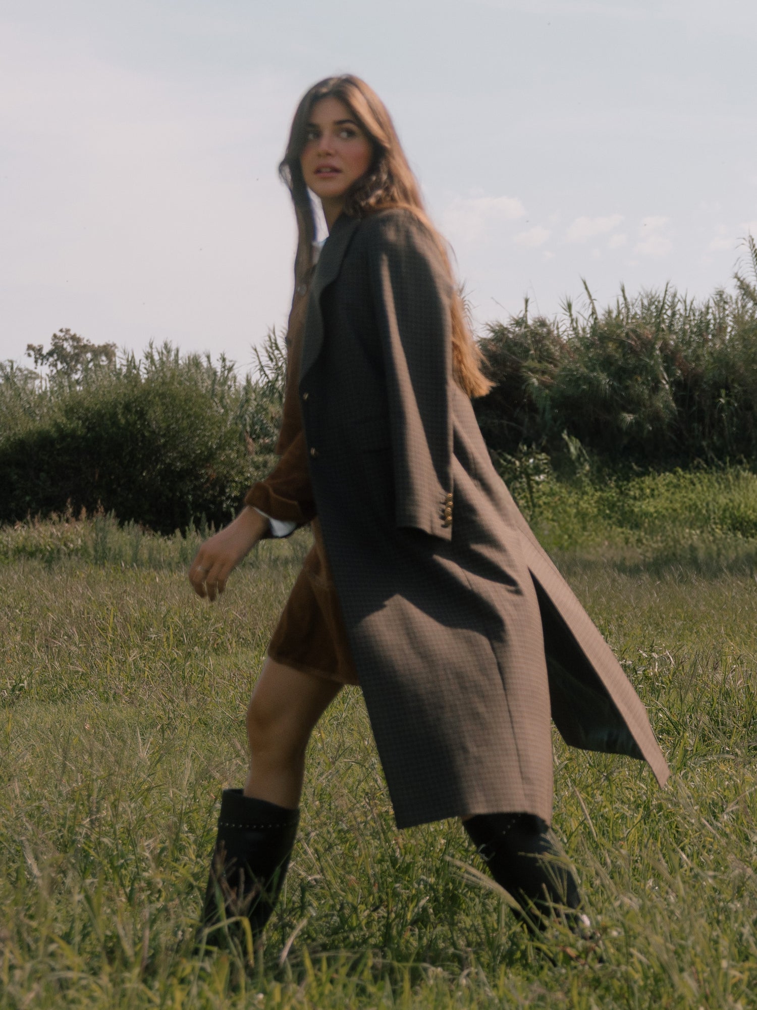 Casaco comprido clássico de xadrez verde