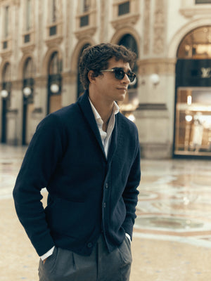 Unique navy blue shawl collar cardigan