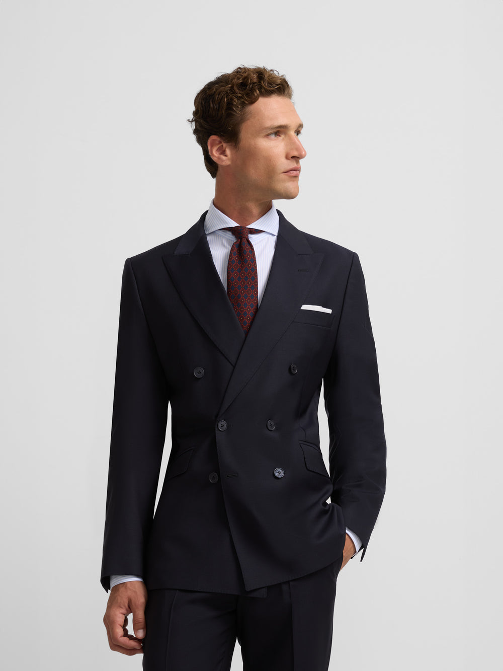 Navy blue stretch double-breasted suit jacket