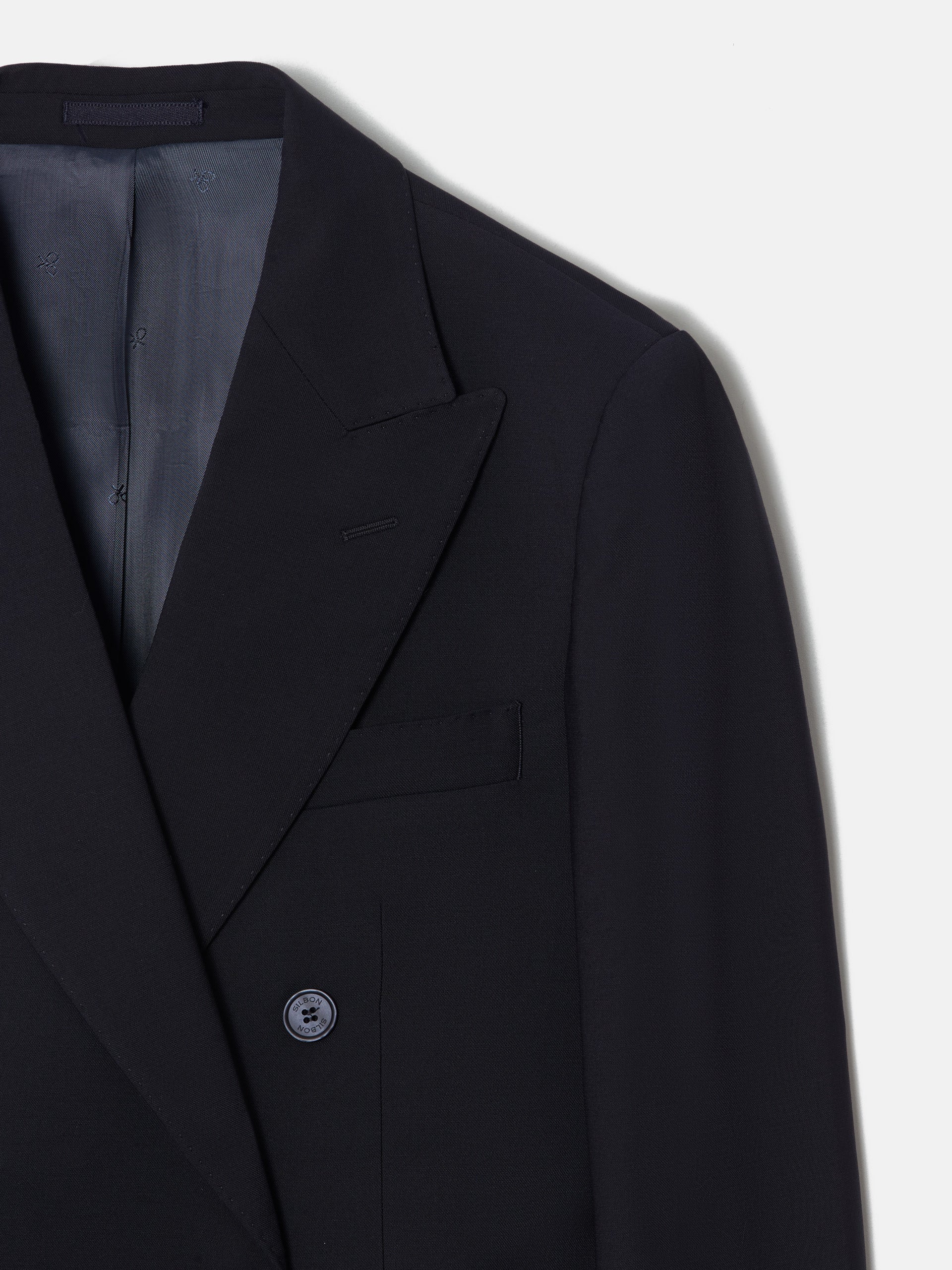 Navy blue stretch double-breasted suit jacket