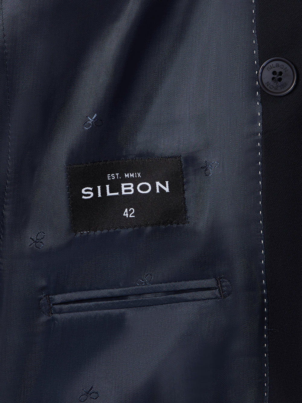 Navy blue stretch double-breasted suit jacket