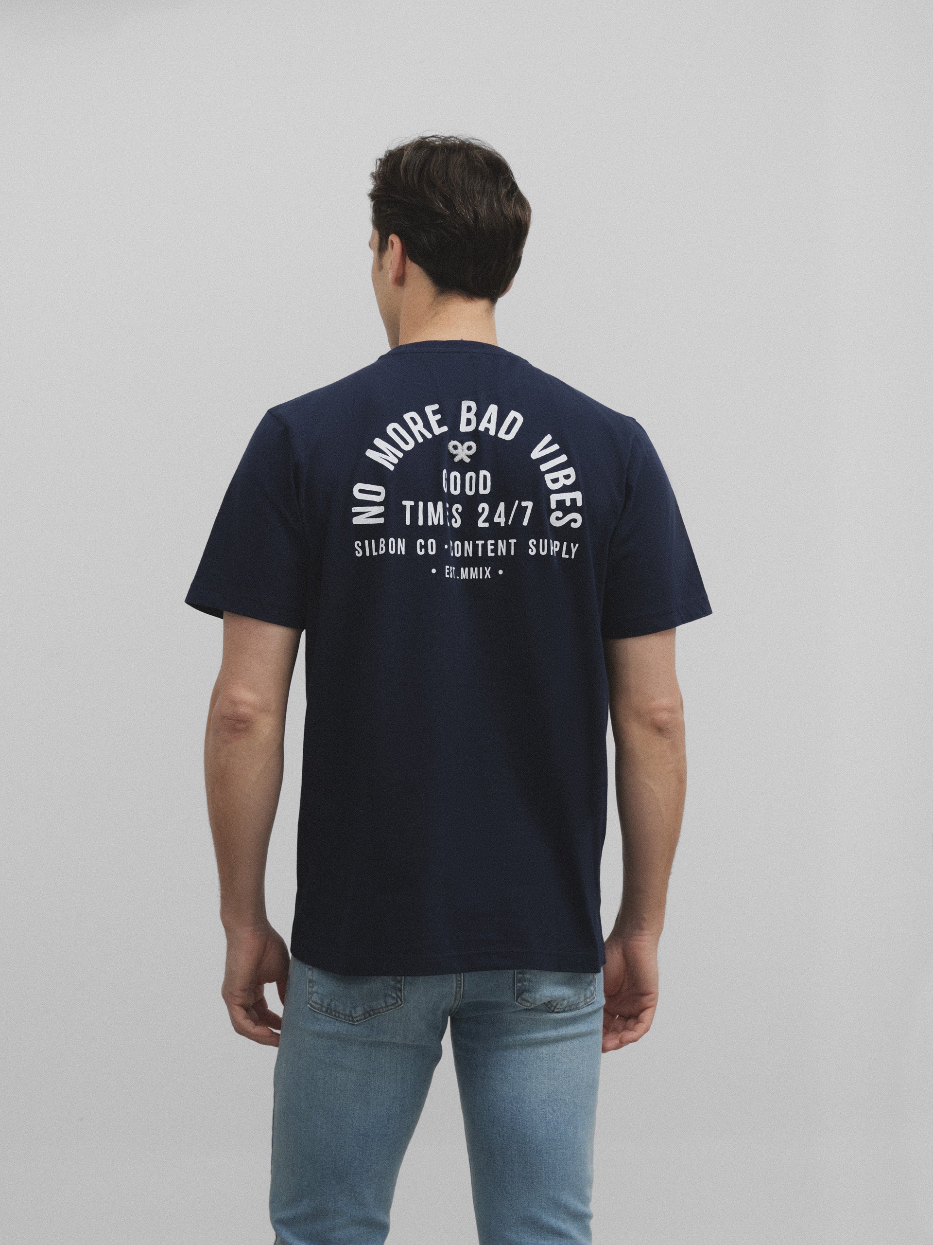 No more bad vibes navy blue t-shirt