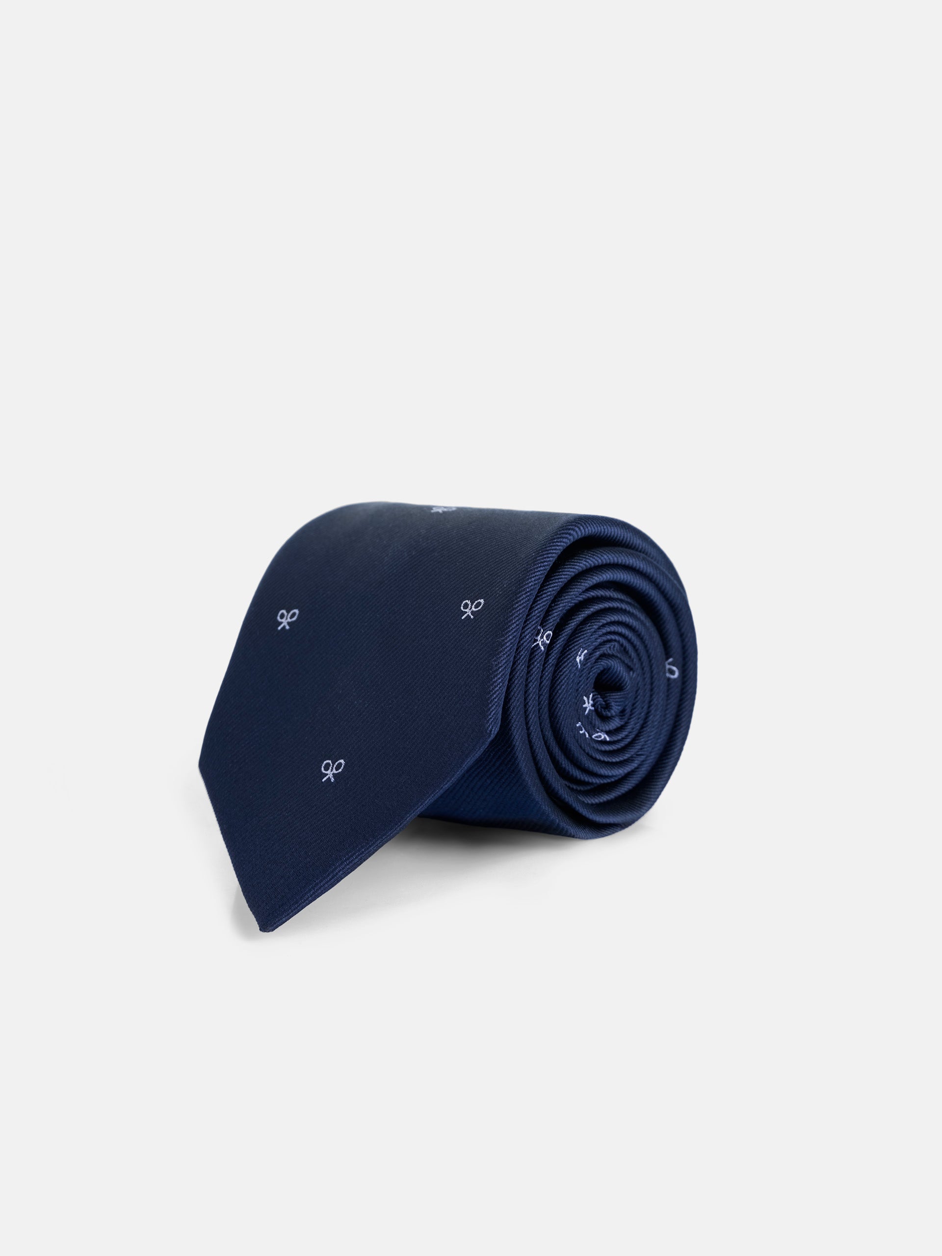 Silbon tie with navy blue racket motifs
