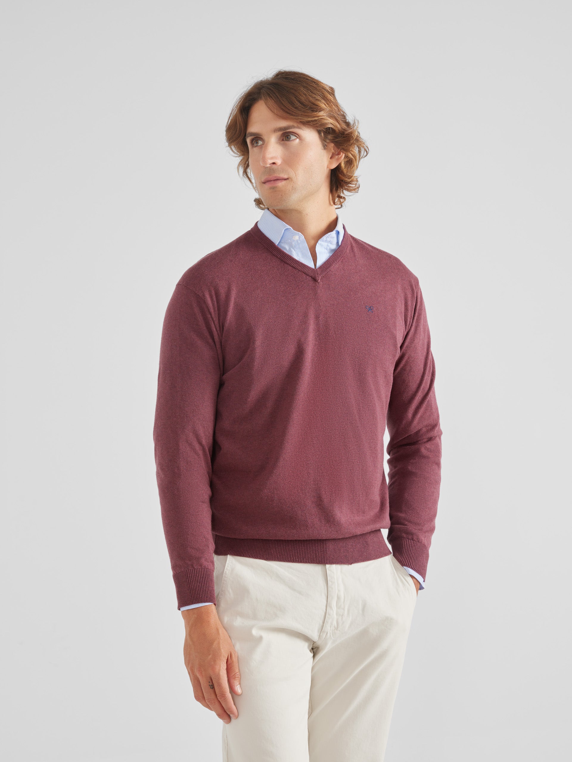 Plain burgundy V-neck sweater