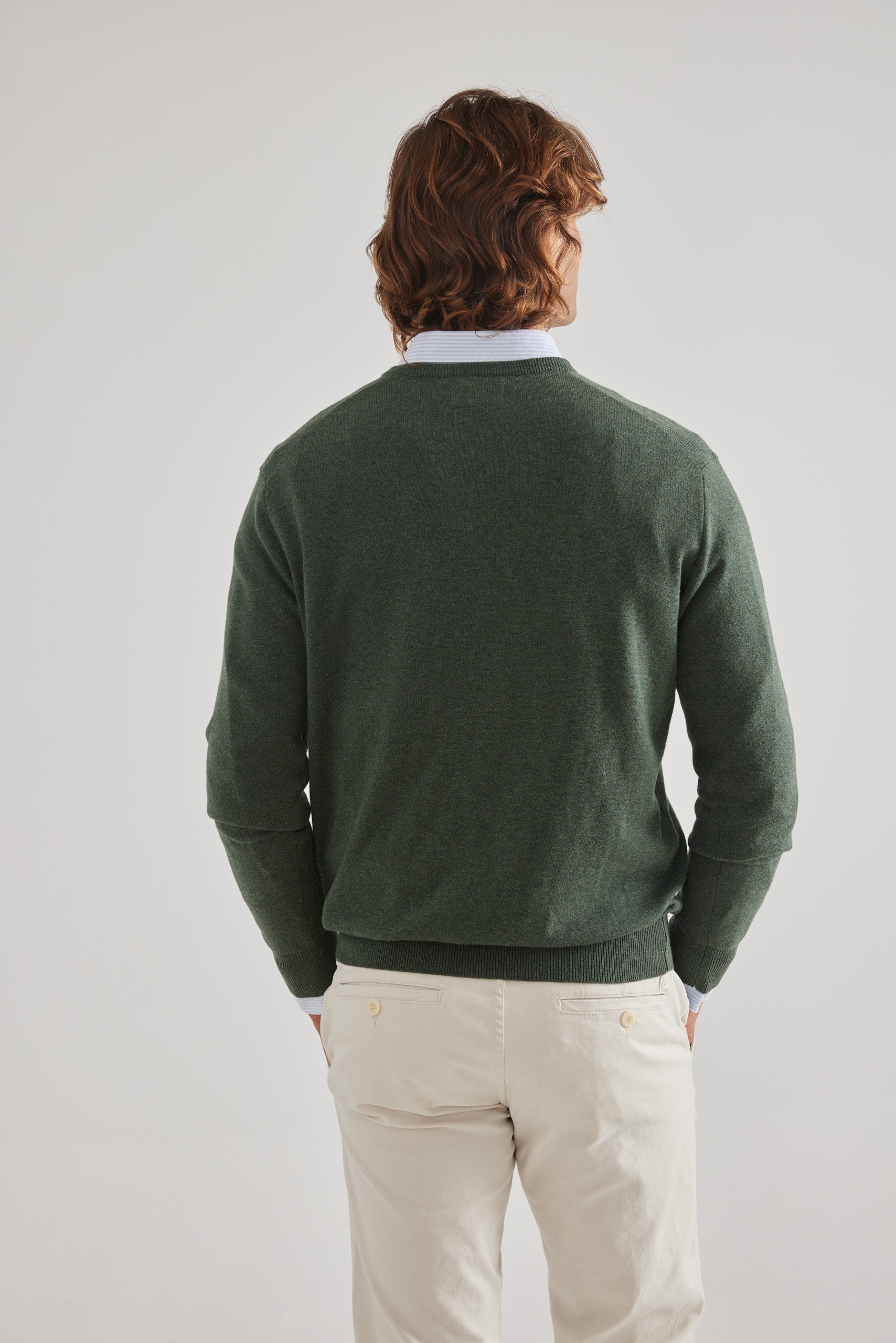 Medium green plain V-neck sweater