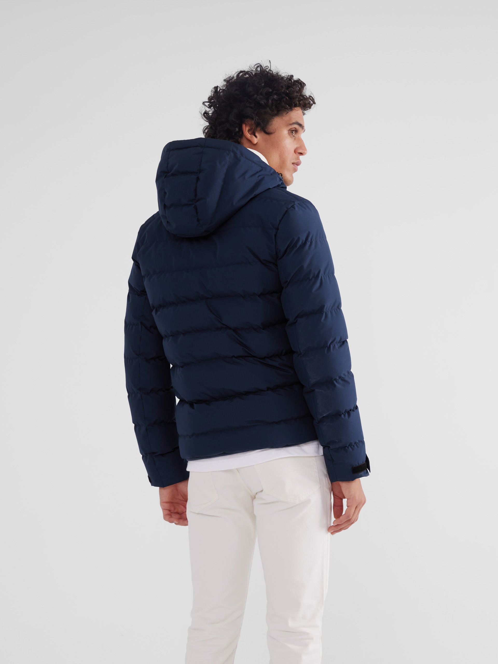 Navy blue warm hooded technical coat