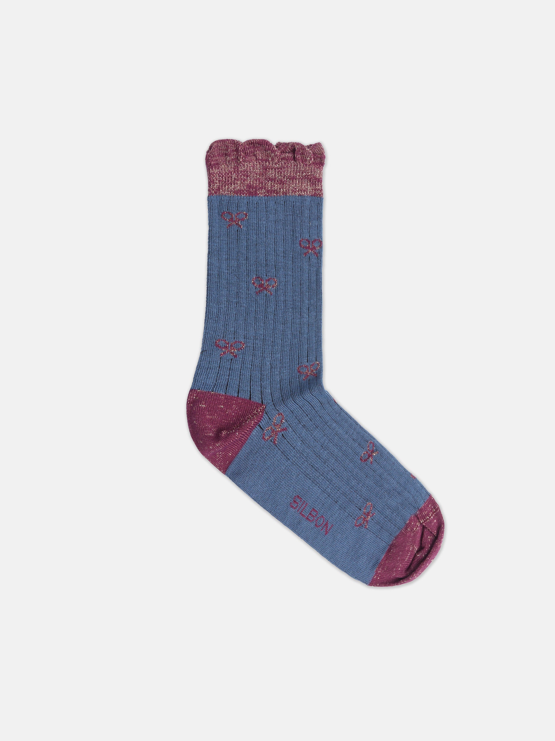 Blue ribbed sock with purple lurex rackets