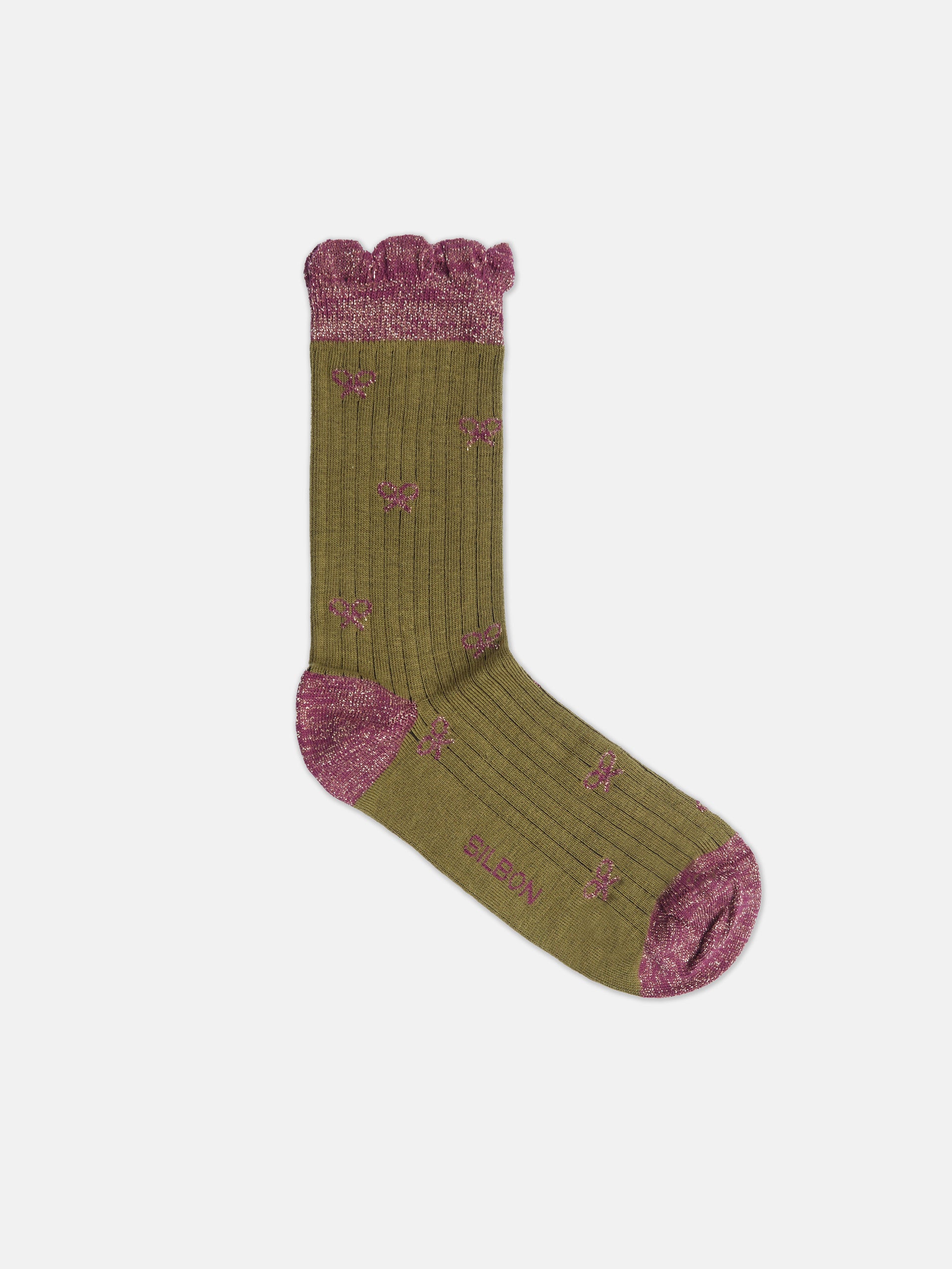 Green ribbed sock with purple lurex rackets