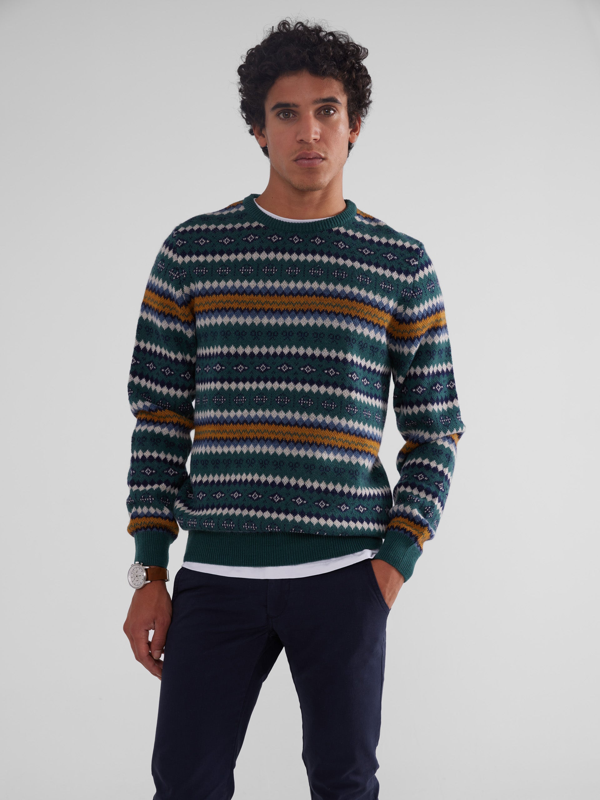 Green multicolored jacquard sweater