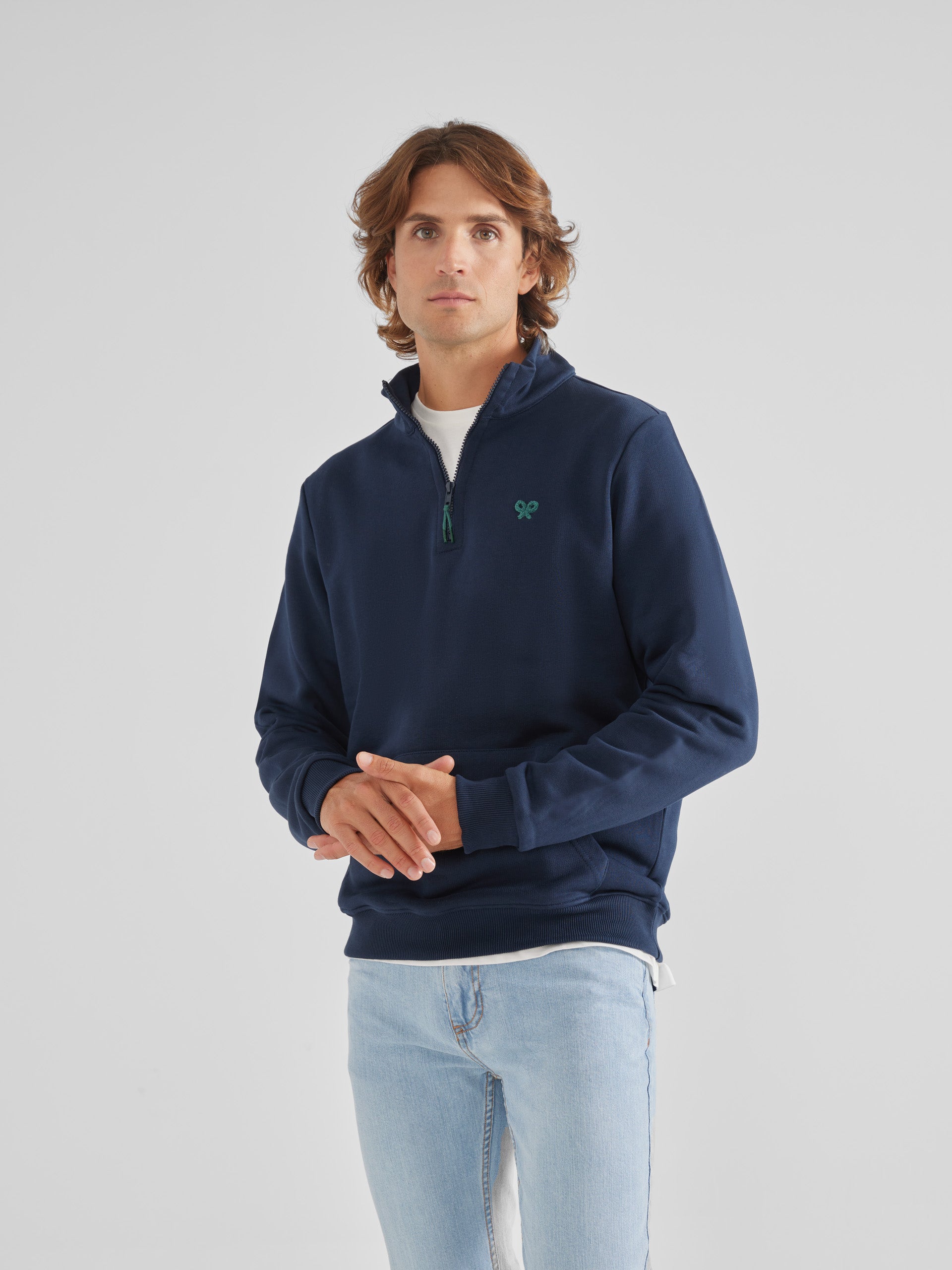 Navy blue half-zip sweatshirt