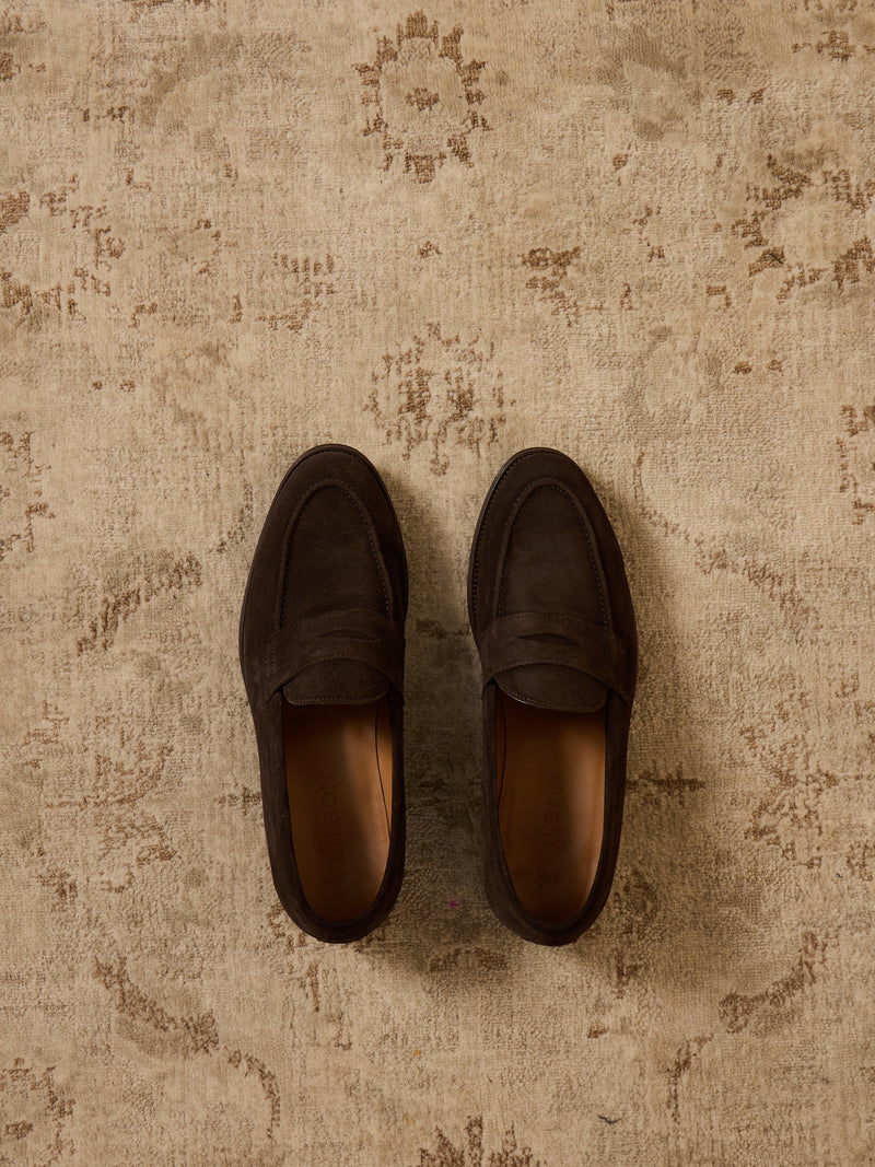 Brown suede penny loafer