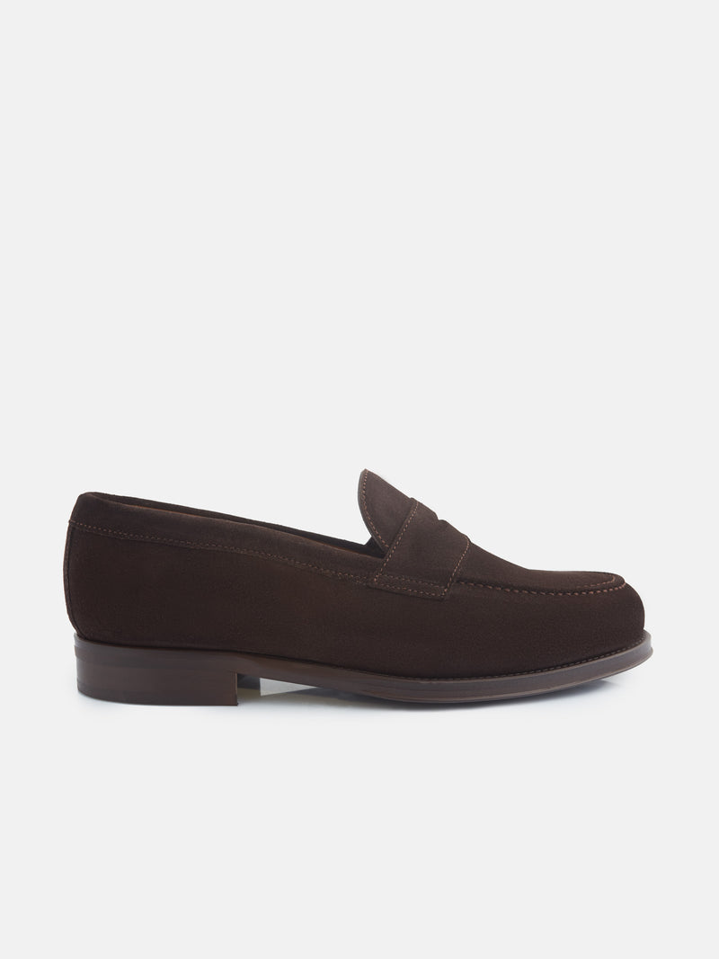 Brown suede penny loafer