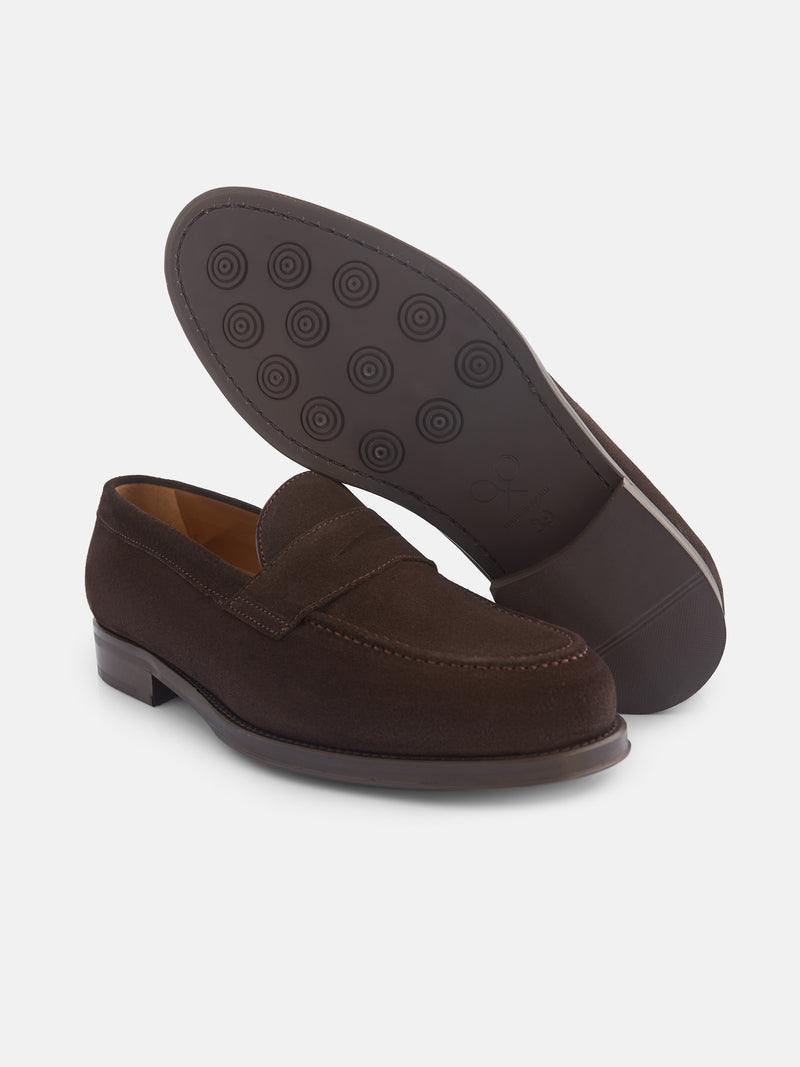 Brown suede penny loafer